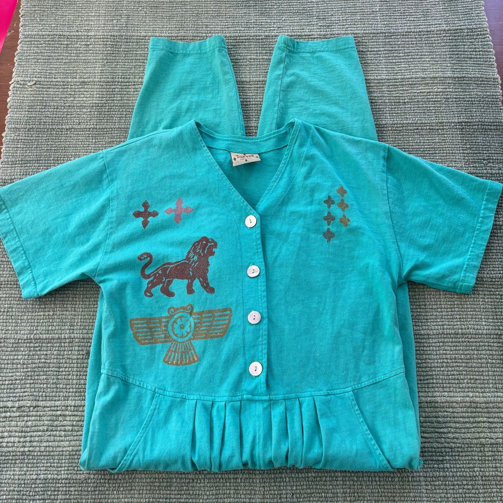 Vintage 80s 90s Blue Cactus Teal Women's Jumpsuit/Romper