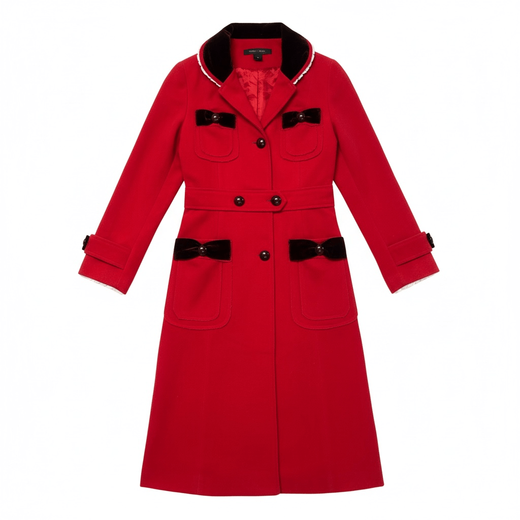 Deadstock Y2K Marc Jacobs Red Wool Coat with Velvet Trim and Bow Accents