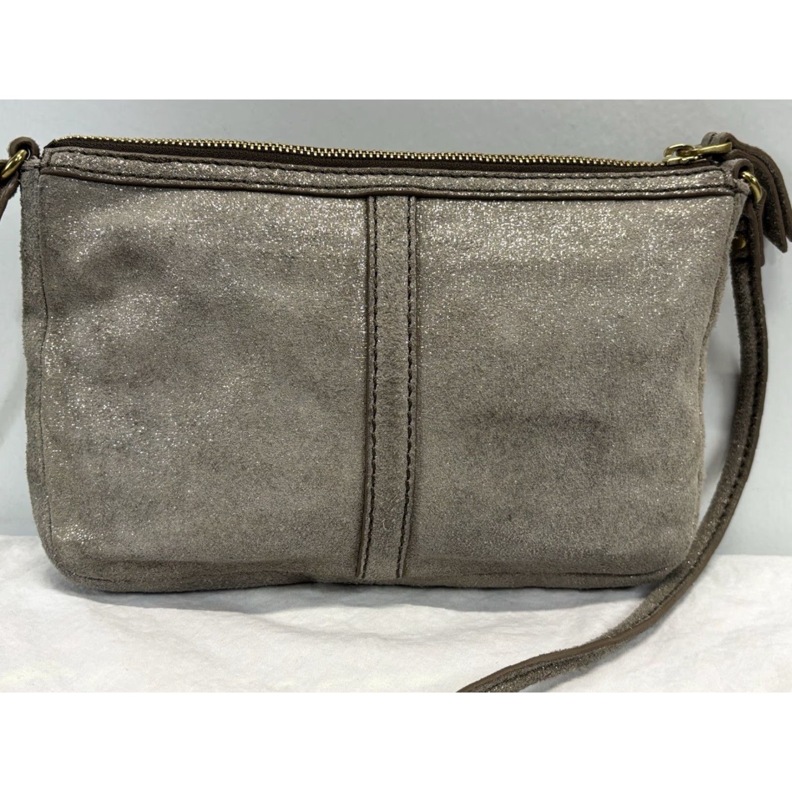 Fossil Fossil Erin Metallic Leather Small Crossbody Purse Bag Built In Card Holder Women Crossbody 21in Strap Silver Metalics/Brass Accents Size ONE SIZE - 3 Thumbnail
