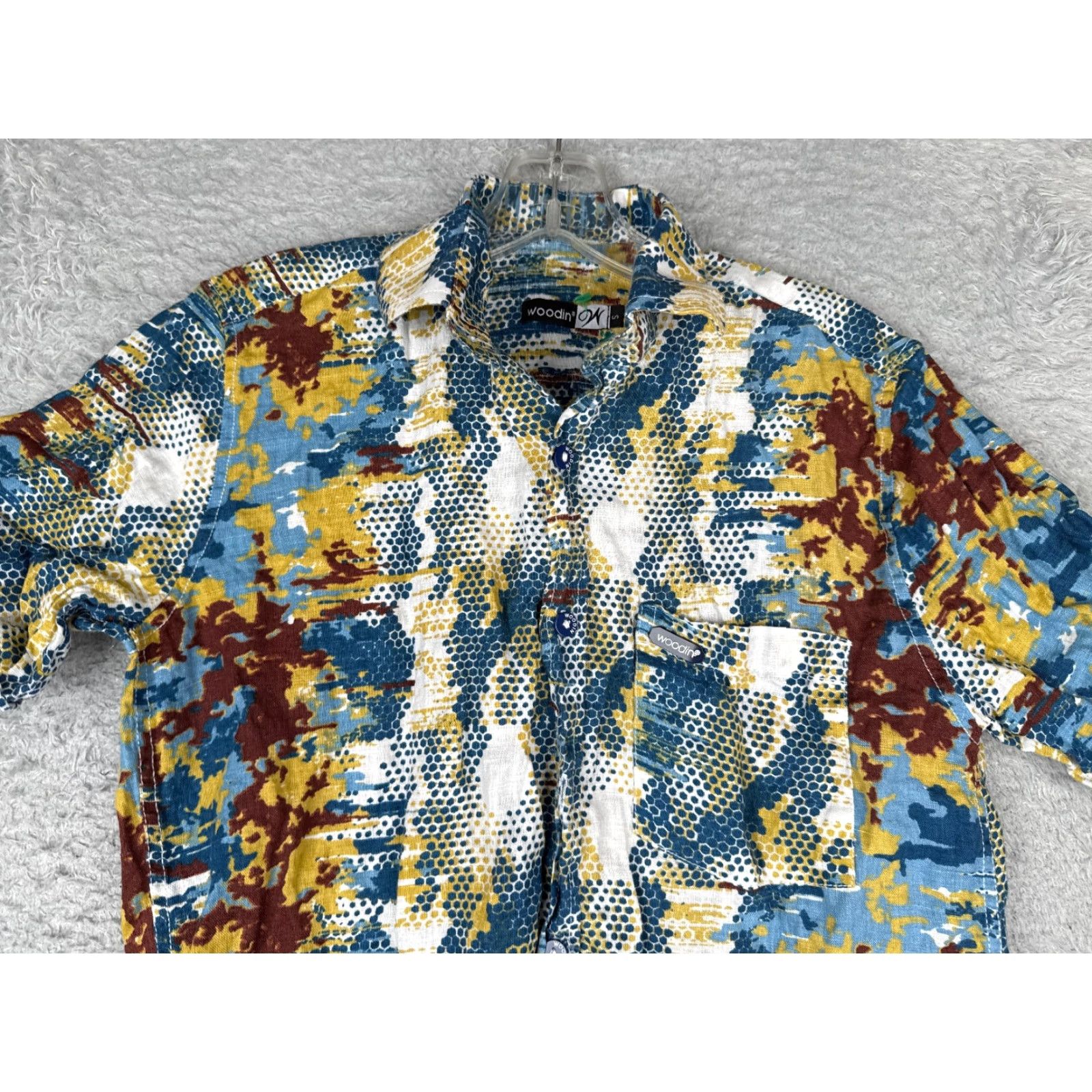Vintage Woodin Hawaiian Shirt Men Small Blue Camo Polka Dot 100% Linen Beach Button Up Size US S / EU 44-46 / 1 - 4 Thumbnail