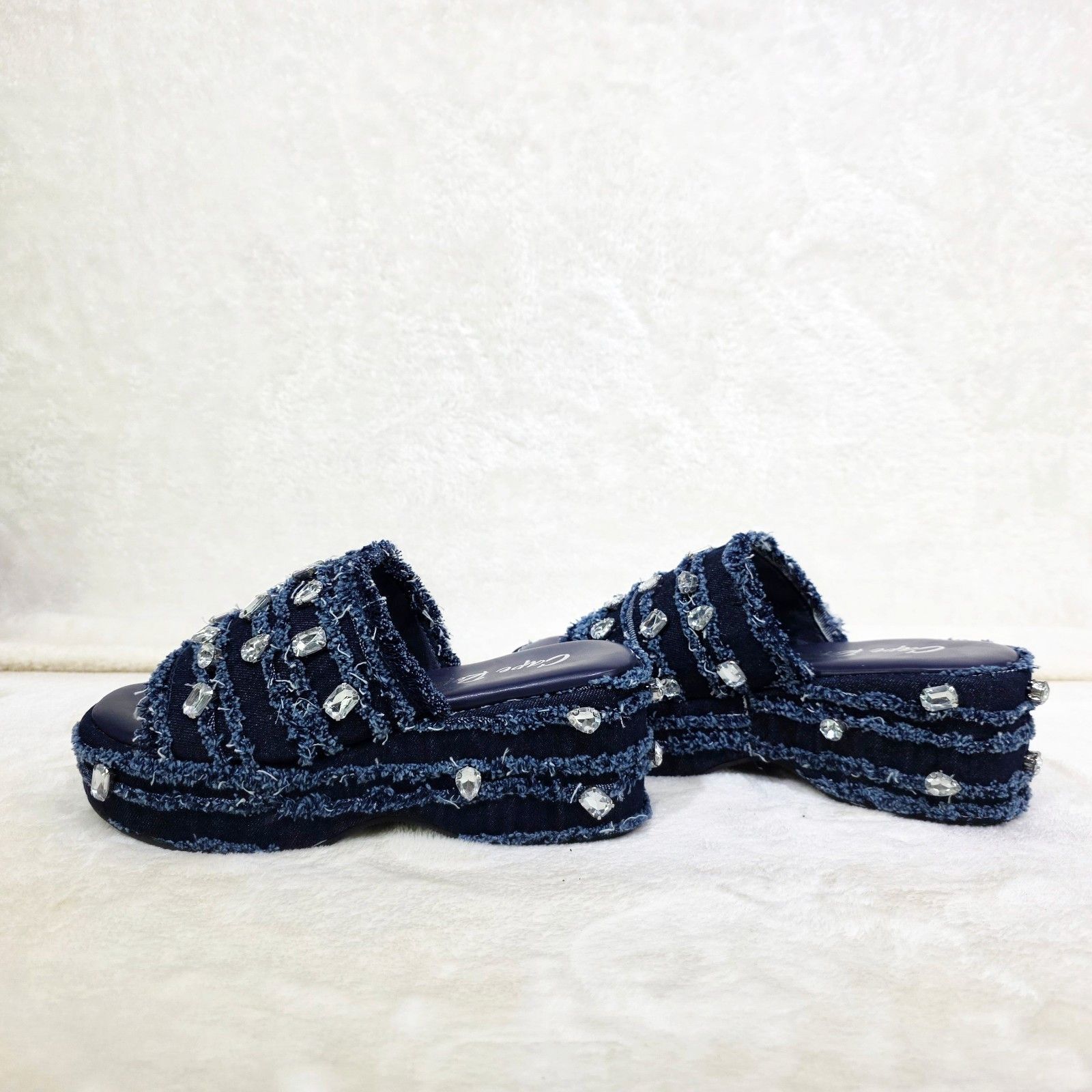 Other Hipster Denim Distressed Frayed Trim Rhinestone 2" Flatform Size US 9 / IT 39 - 2 Thumbnail