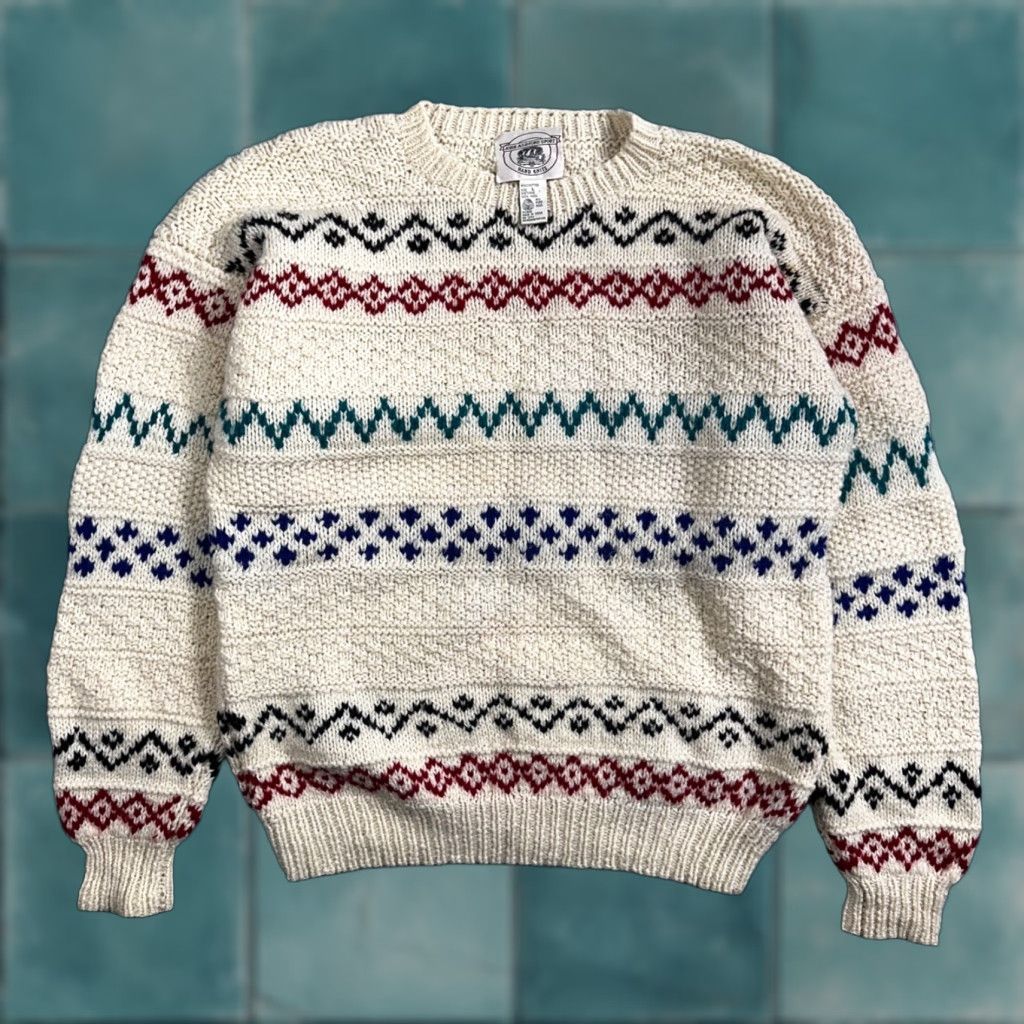 Vintage VINTAGE John Ashford Sweater Mens L Cream Ivory Wool Fair Isle 80s 90s Winter Spring Fall Heavyweight Chunky-Knit Crew Neck Pullover Size US L / EU 52-54 / 3 - 1 Thumbnail