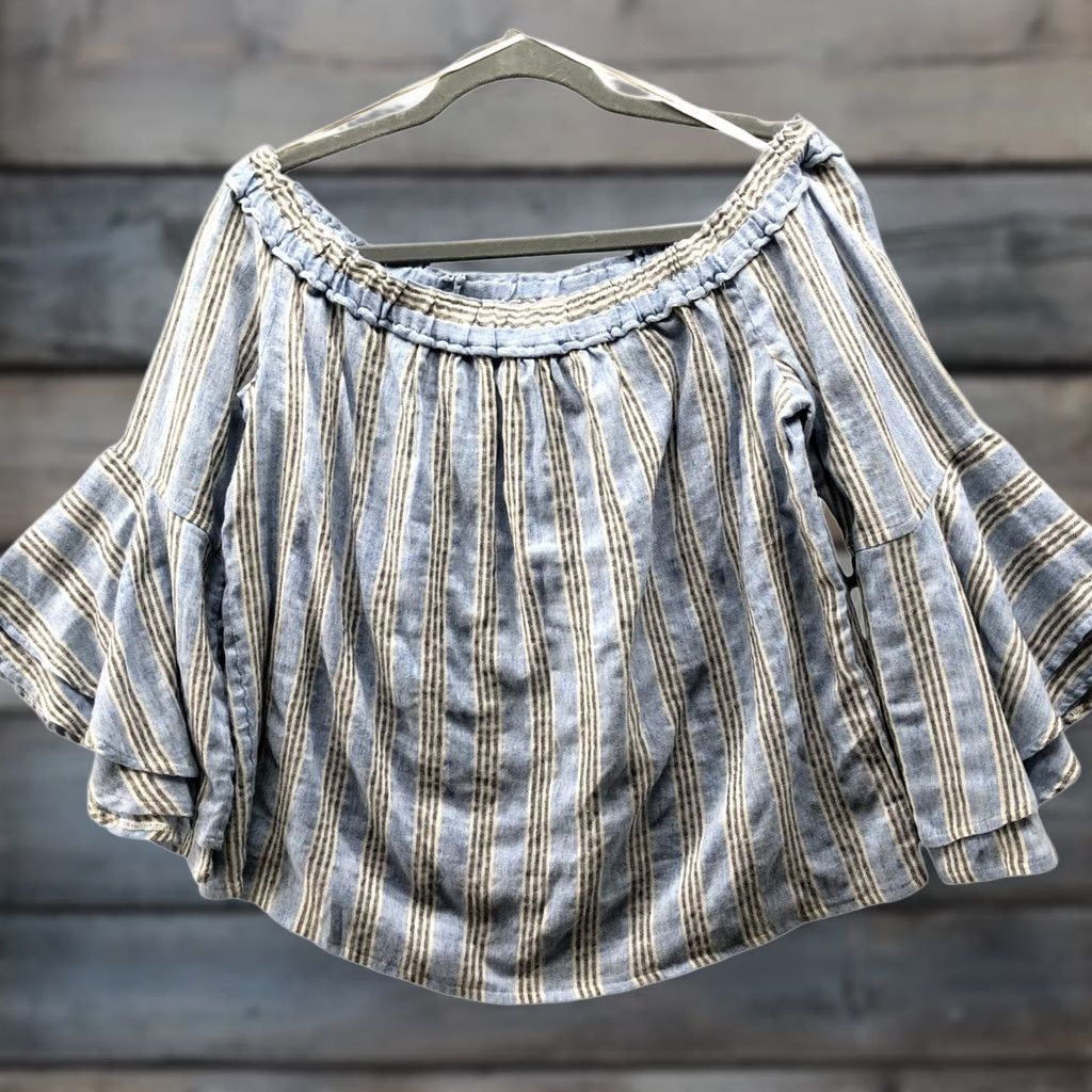 Lucky Brand Lucky Brand Off Shoulder Bell Sleeve Top Womens M Blue Striped Blouse Size M / US 6-8 / IT 42-44 - 1 Thumbnail