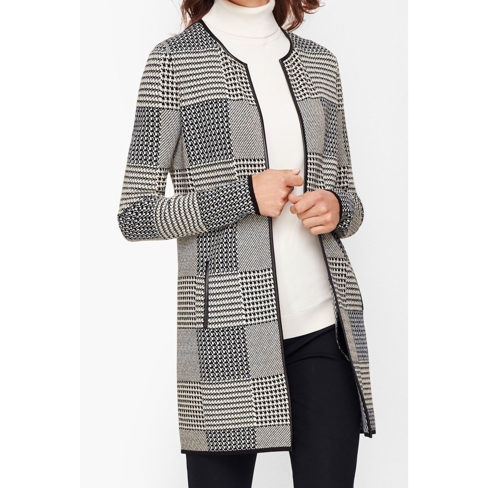 Talbots Talbots Plaid Open Sweater S | Faux Leather Trim Double Knit ...