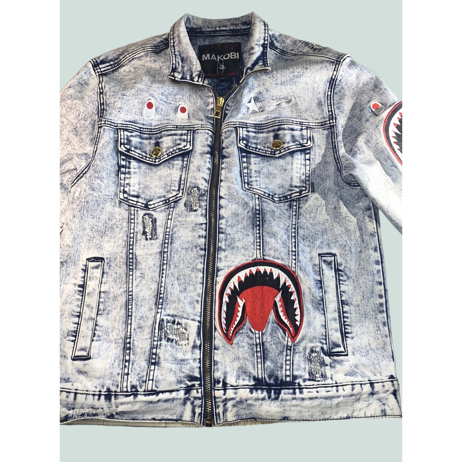 Vintage Makobi Jean Jacket L Destress Patches Men’s Denim Blue Jacket Regular Size Large Mens Jeans Size US 33 - 1 Thumbnail