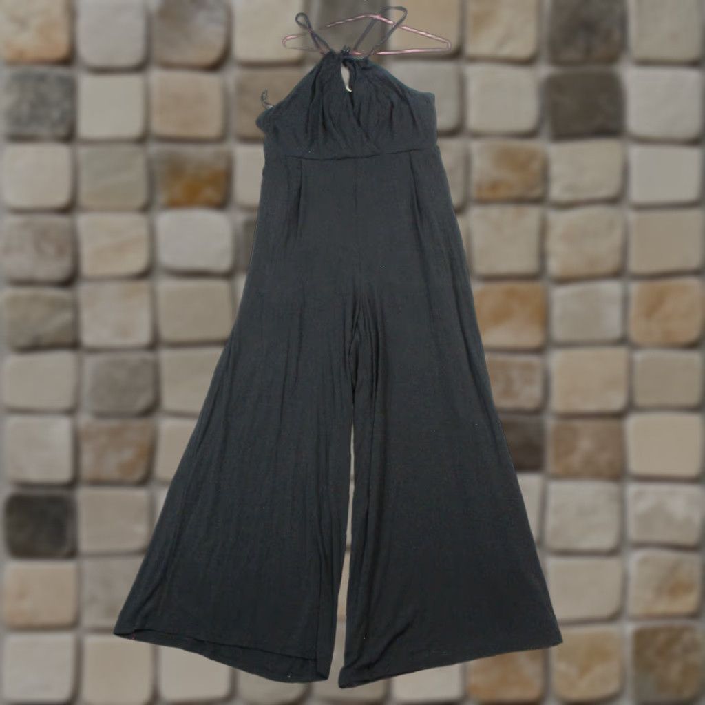 Maeve Jumpsuit Womens Large Black Wrap Halter Sleeveless Wide-Leg 1 Piece Casual Party/Cocktail Travel Gen: Regular Color: Black Size: L Brand: Maeve