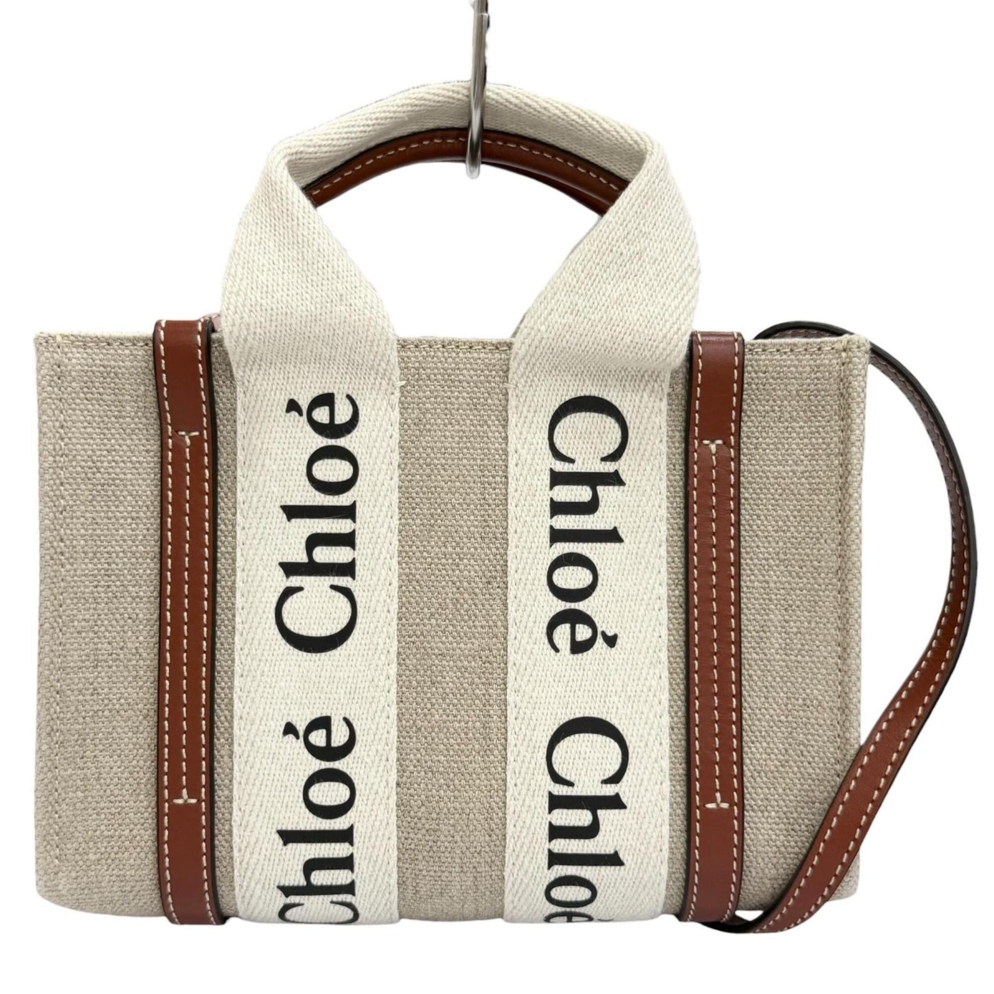 Chloe Chloé Chloe CHC22AP237I2690U Woody Mini Tote Bag, Linen and Calf Leather, Logo Shoulder Beige/Brown, Made in Italy, Women's, with Dust Bag. Size ONE SIZE - 1 Thumbnail