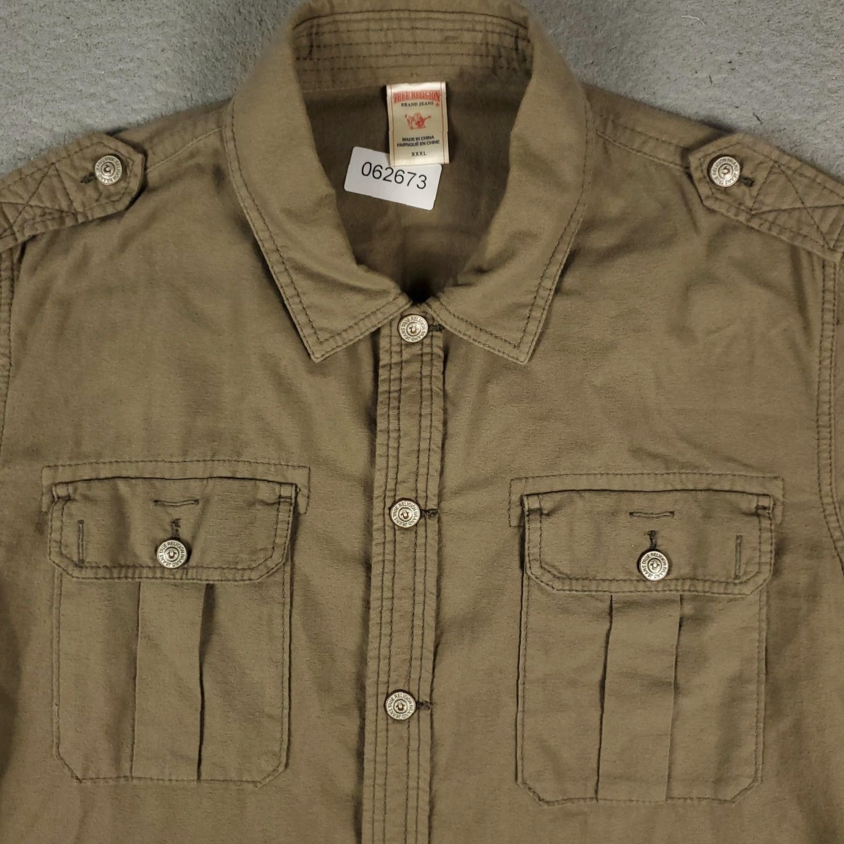 True Religion TRUE RELIGION Shirt Mens 3XL Brown Utility Button Up Long Sleeve Cotton Military Embroidered Pockets Size US XXL / EU 58 / 5 - 2 Thumbnail