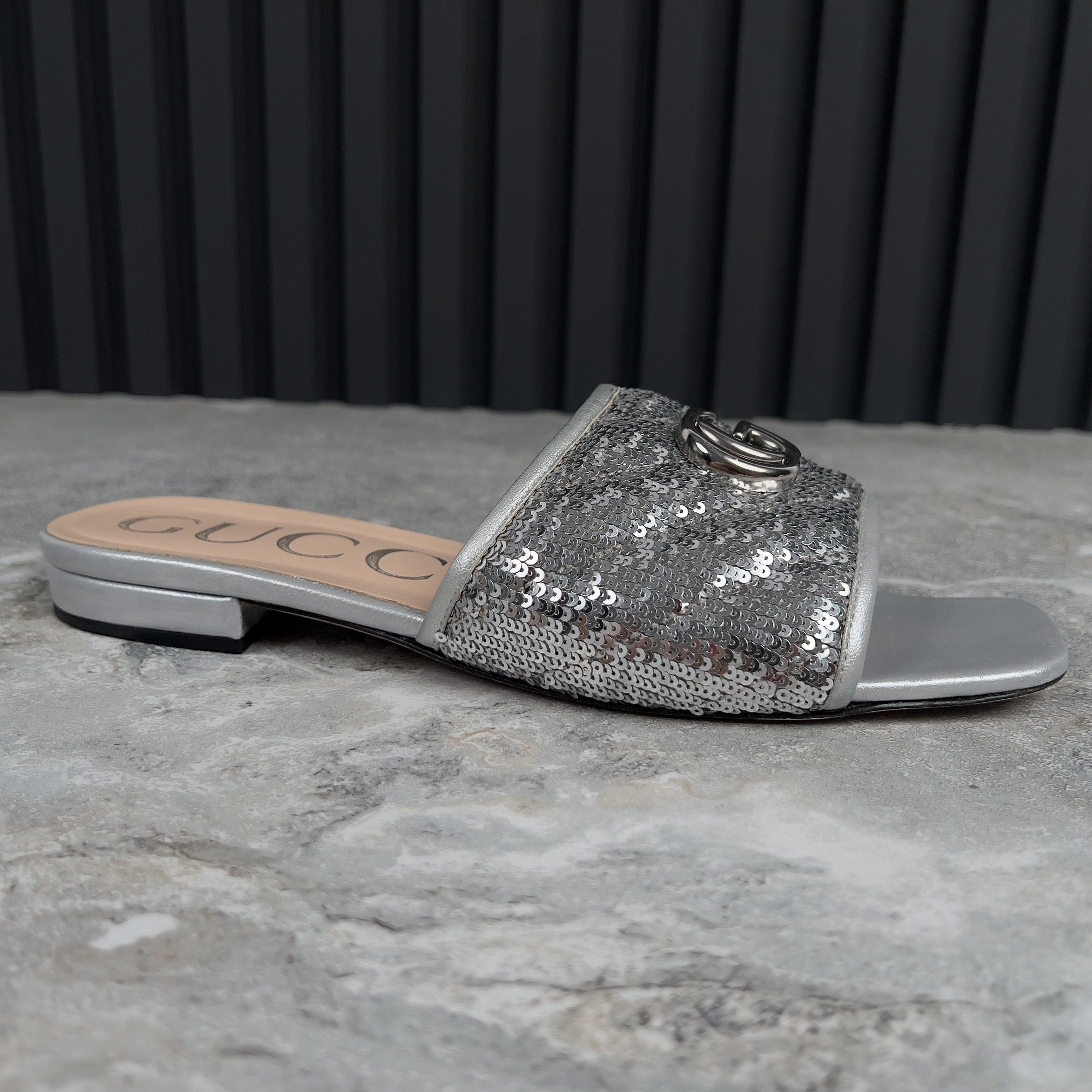 Gucci Marmont GG Slide Sandals Mule Silver Leather Sequin Size US 9 / IT 39 - 5 Thumbnail