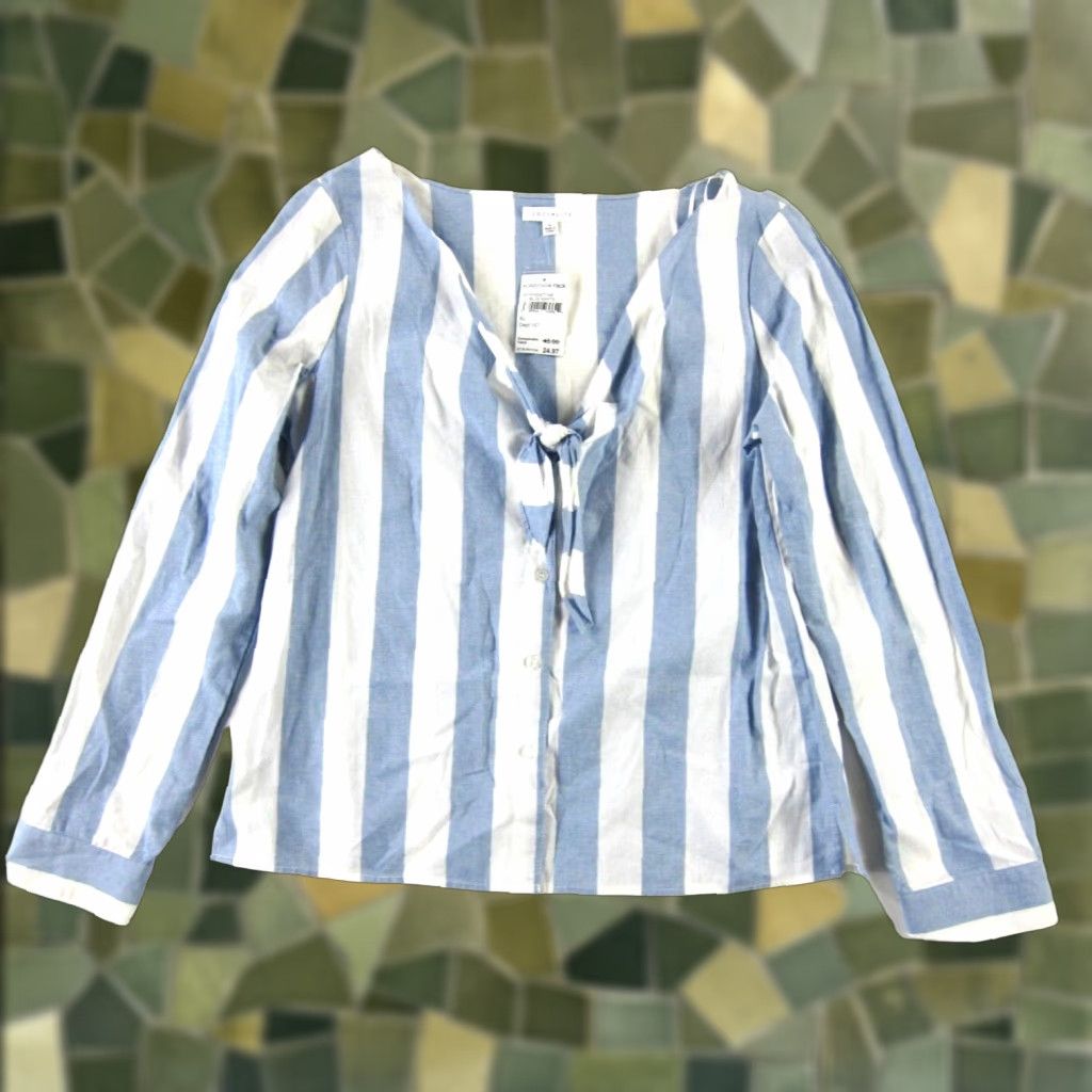 Vintage VINTAGE NWT Socialite Blouse 100% Cotton White Blue Stripe V-Neck Button Long Sleeve XL Size XL / US 12-14 / IT 48-50 - 1 Thumbnail