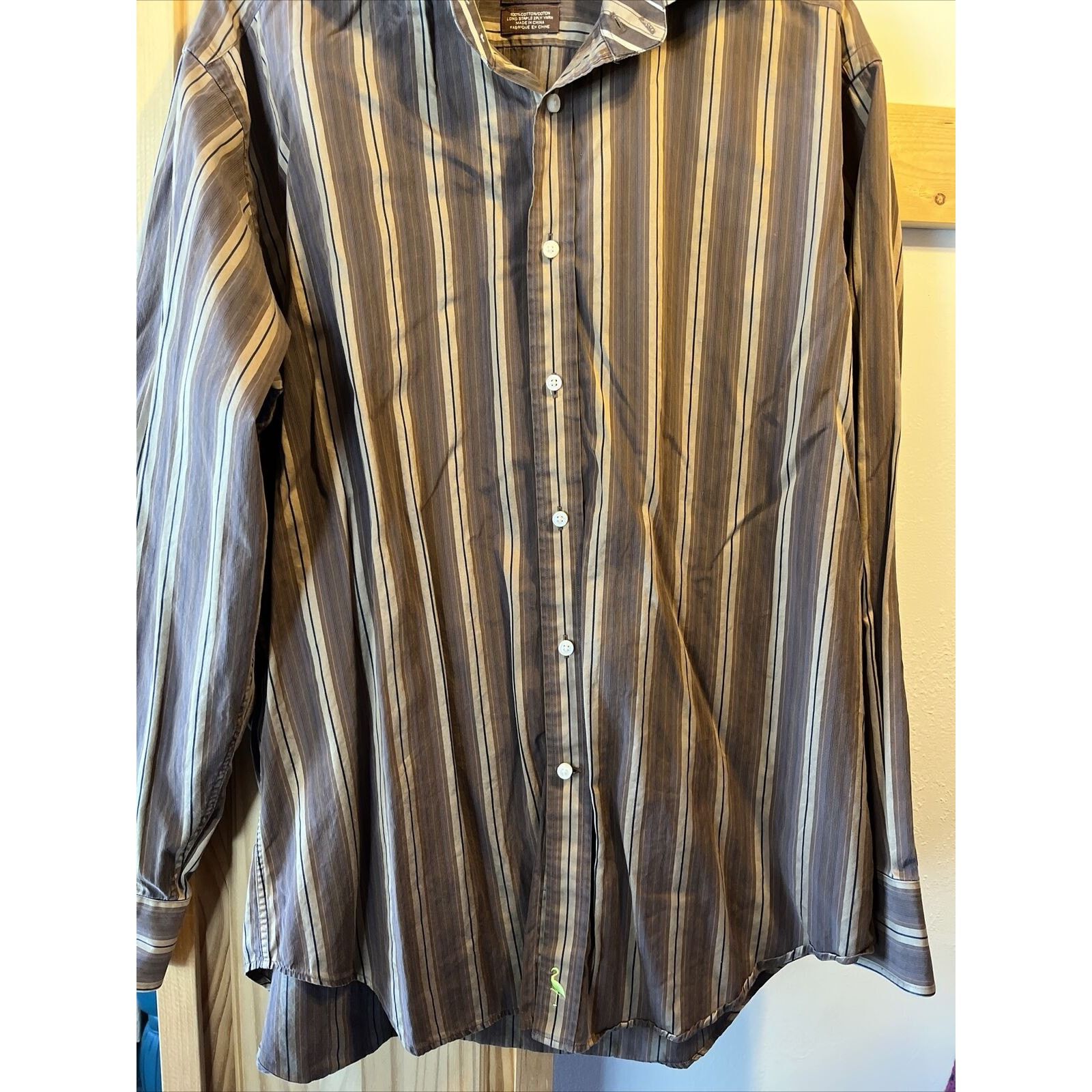 Tailorbyrd TAILORBYRD Men L Striped Brown Gold Long Sleeve cotton Shirt Size US L / EU 52-54 / 3 - 9 Thumbnail