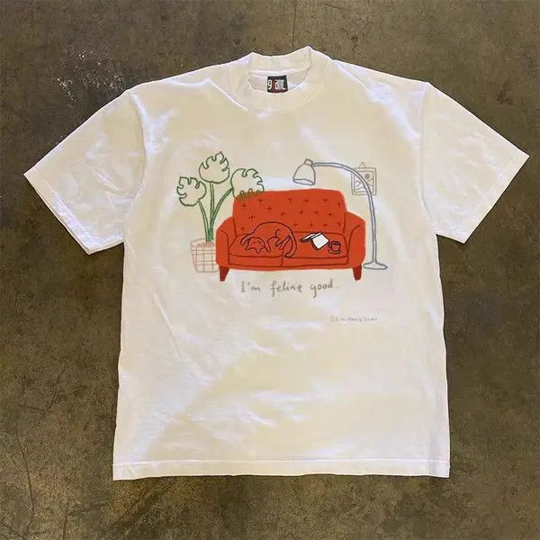 Japanese Brand White Street Retro Kitten Printed Loose Short Sleeve T-Shirt Size US L / EU 52-54 / 3 - 2 Thumbnail