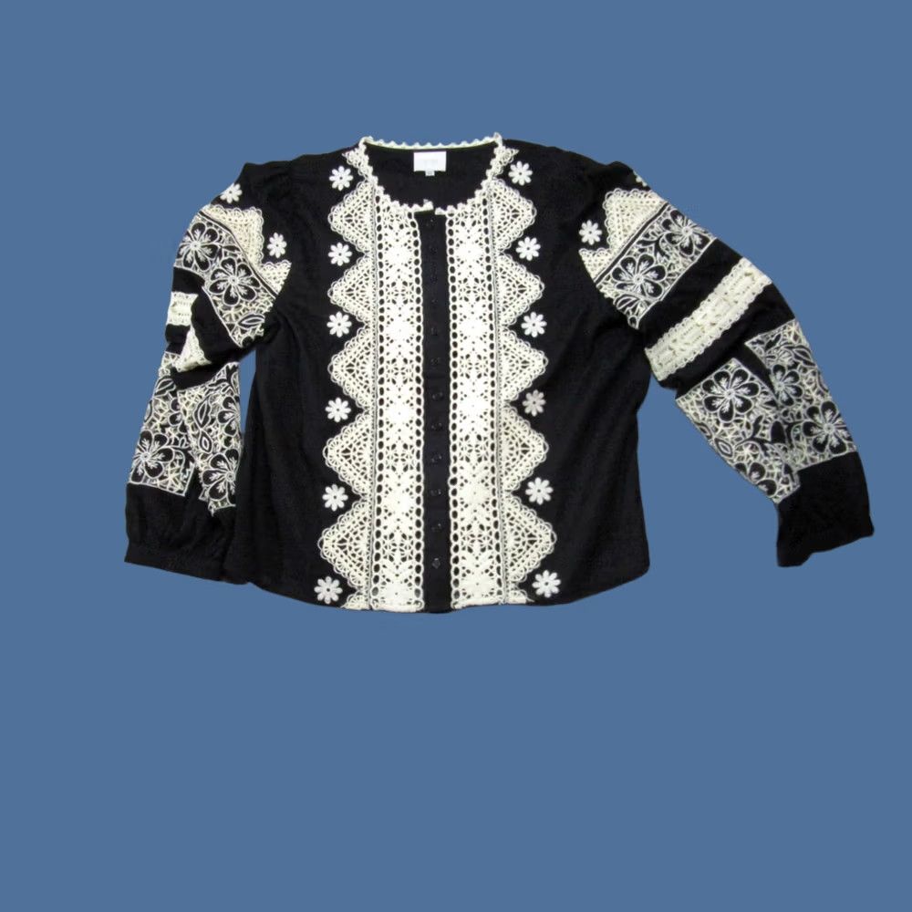 Vintage Jade Blouse Womens Large Black White Crochet Embroidered Floral Button Boho Shirt Size L / US 10 / IT 46 - 1 Thumbnail