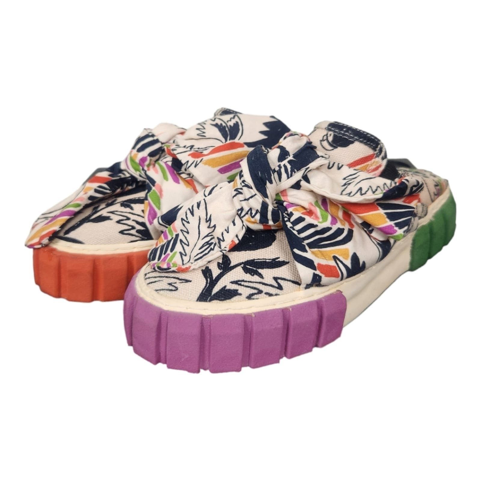 image of Farm Rio Tropical Bird Print Canvas Bow Platform Mule Shoes in Cream, Women's (Size 6)