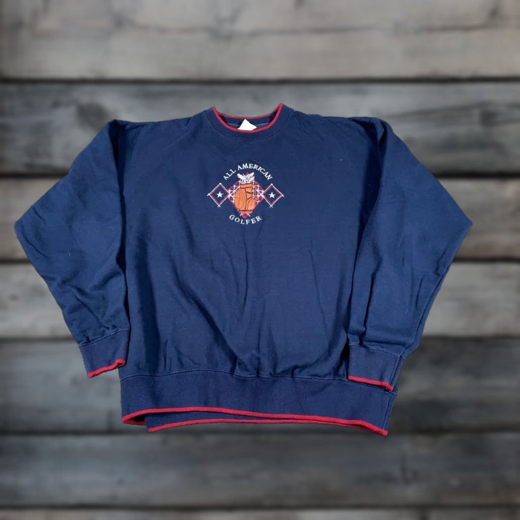 Vintage VINTAGE All American Golfer Sweatshirt Men XL Dark Blue Embroidered 90s Preppy Retro Pullover Crew Neck Size US XL / EU 56 / 4 - 1 Thumbnail