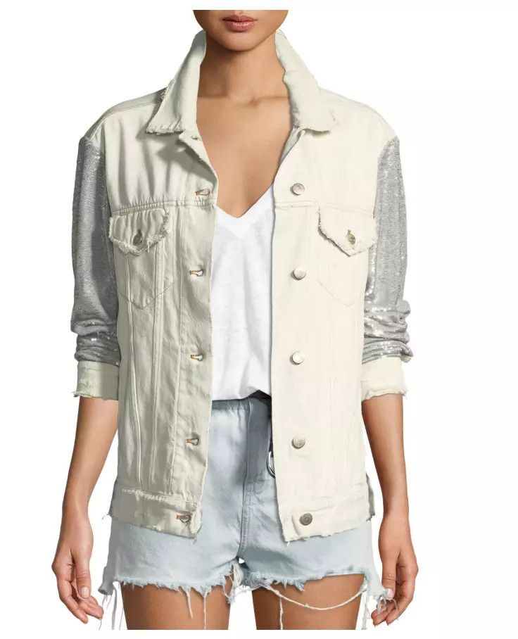 Iro Iro "Nanopo" frayed Denim Jacket Sequined Sleeves and Back. Size M / US 6-8 / IT 42-44 - 1 Thumbnail