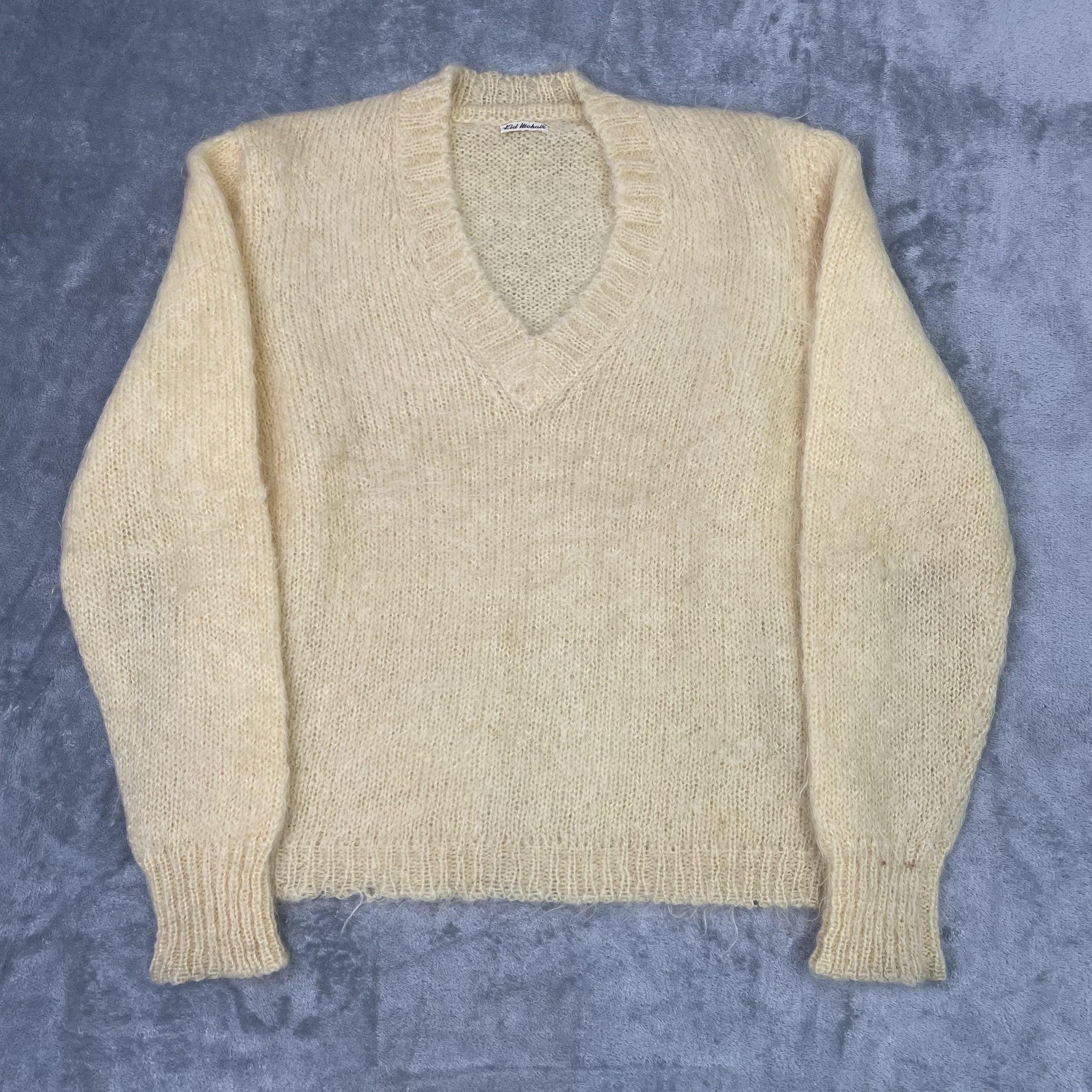 Vintage 60s 70s Yellow Kid Mohair V-neck Sweater
