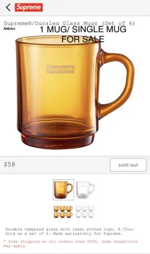 Supreme One Supreme Duralex Glass Mug (Amber) Size ONE SIZE - 1 Preview