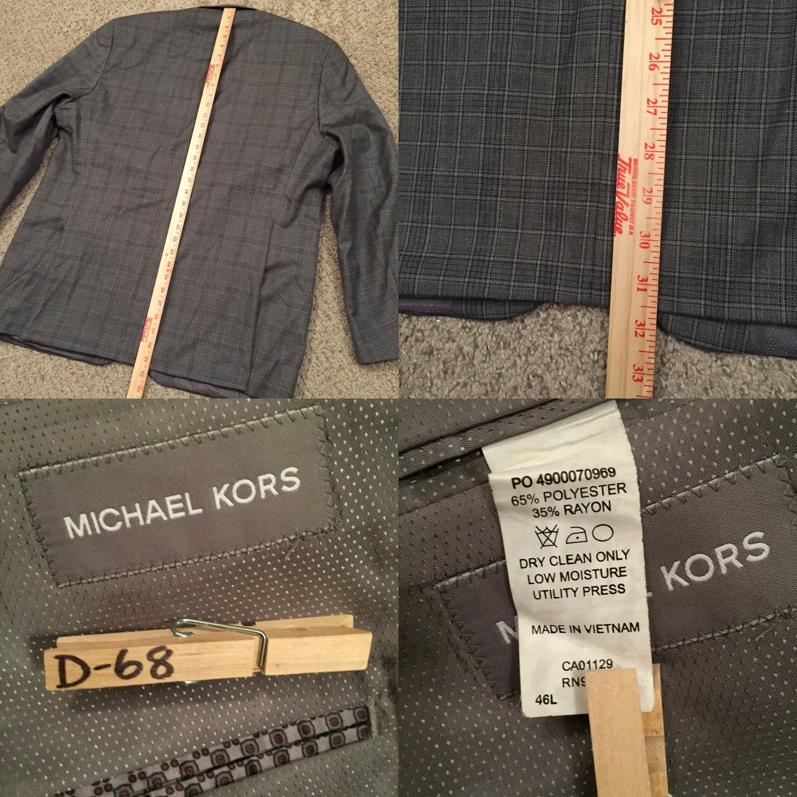 Michael Kors Michael Kors Blazer Mens 46 Long Gray Plaid Polyester Blend Size 46R - 8 Thumbnail