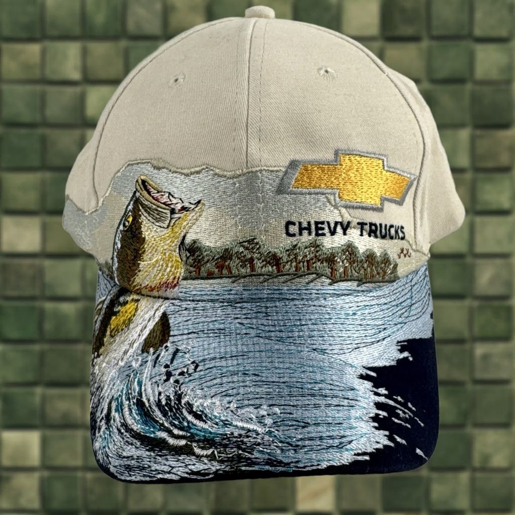 VINTAGE Cruisin Sports Chevrolet Trucker Hat Baseball Cap USA 90s Fishing Bass Embroidered Strapback Men Ivory Tan Adjustable