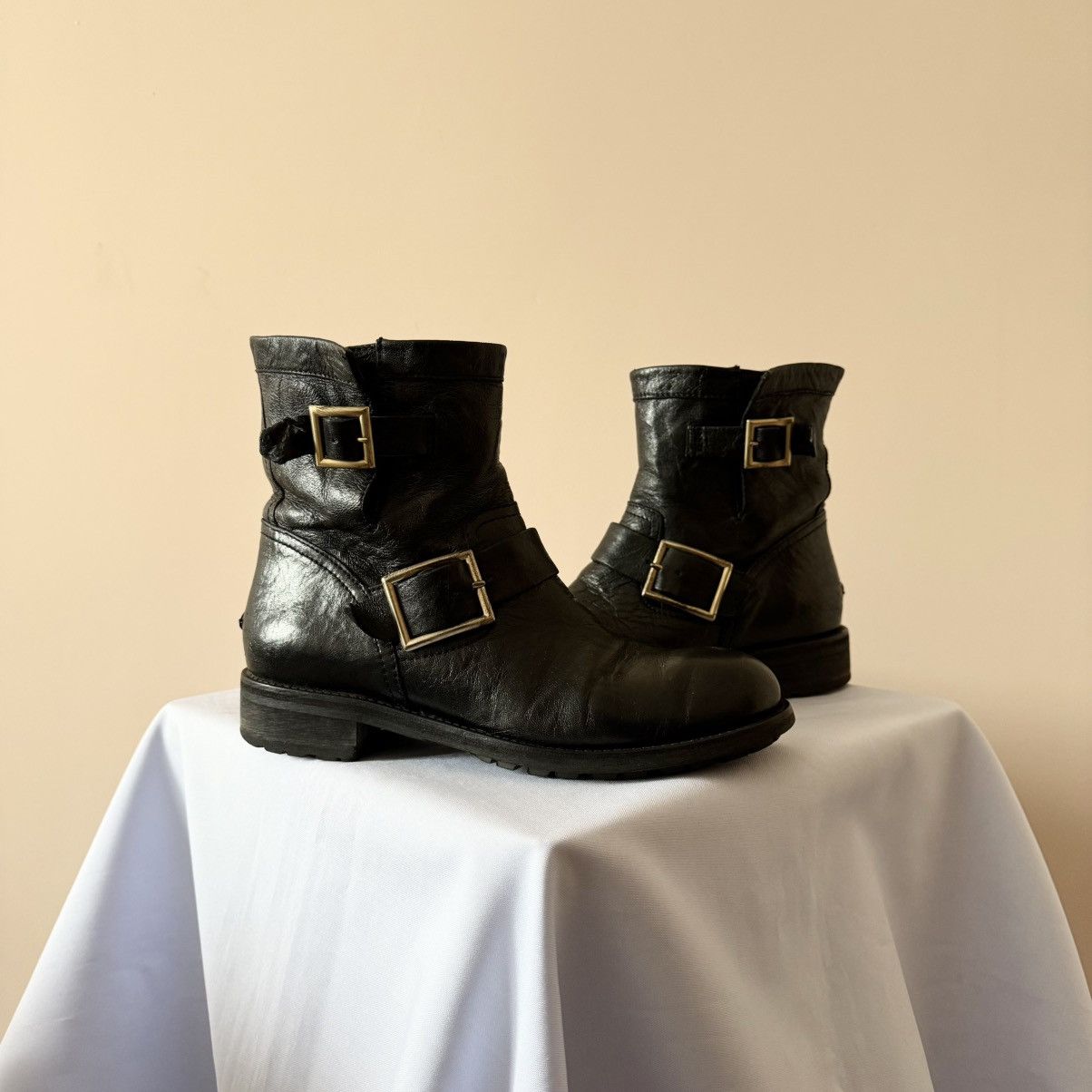 Jimmy Choo Jimmy Choo Black Leather Buckle Biker Moto Boots Frye Style Size US 8 / IT 38 - 1 Thumbnail