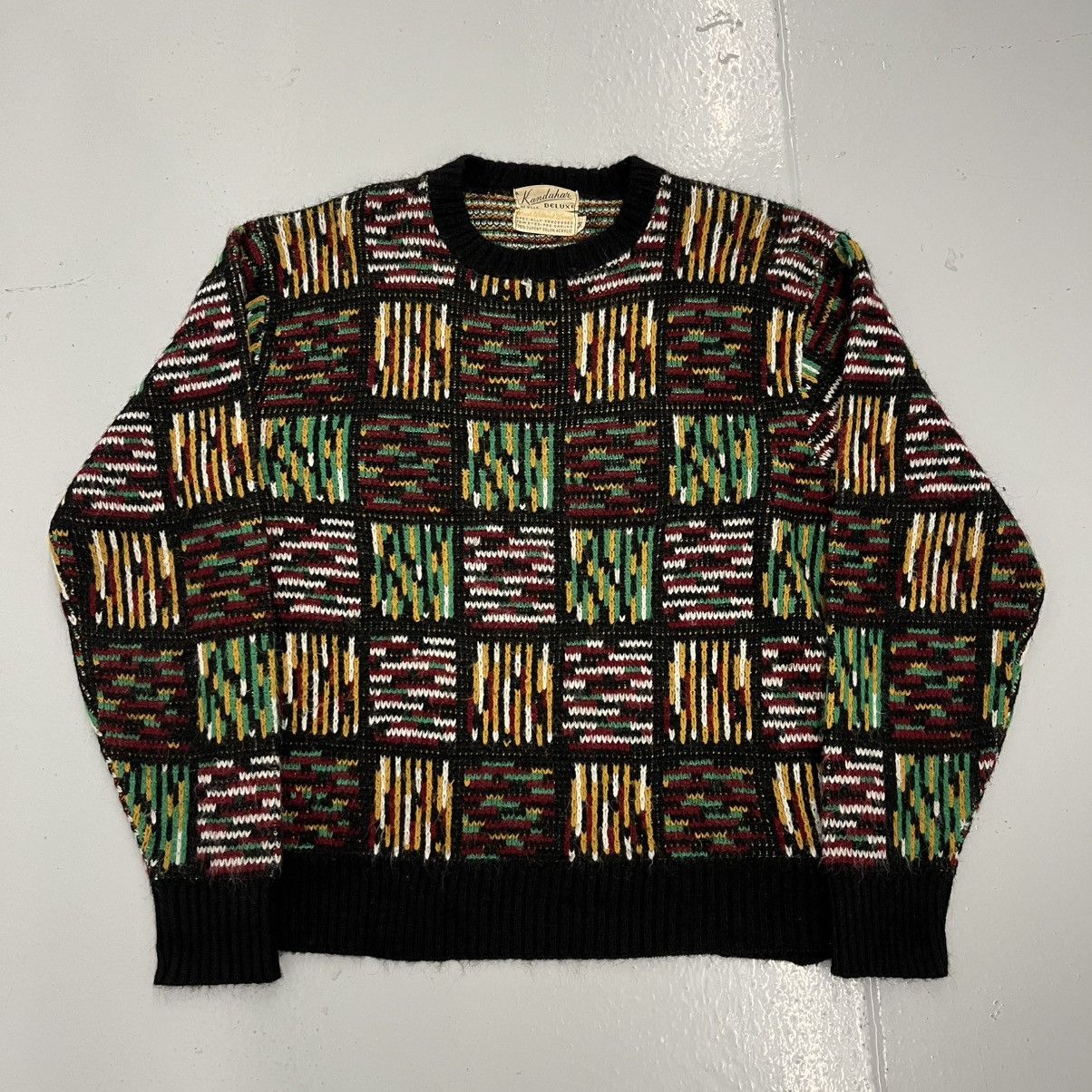 Vintage 60s Kandahar Deluxe Black Geometric Pattern Sweater