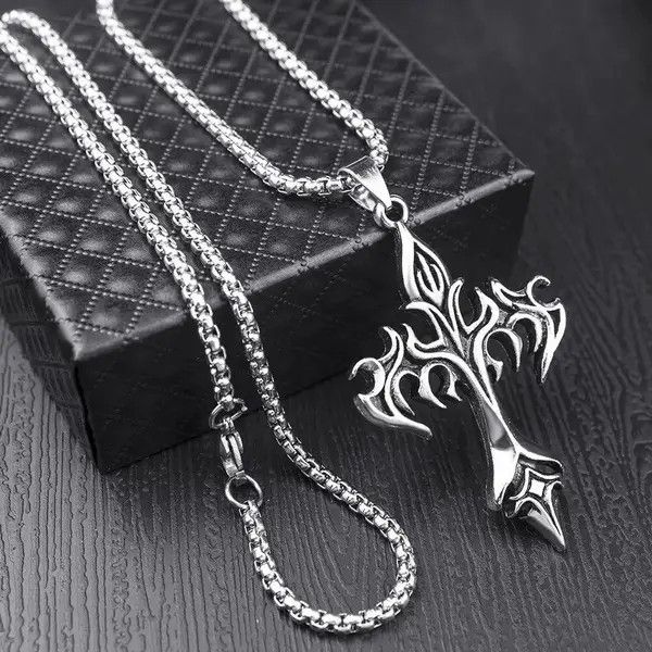 Jewelry Chrome Silver Cross Chain Goth God Pendant Necklace Size ONE SIZE - 1 Thumbnail