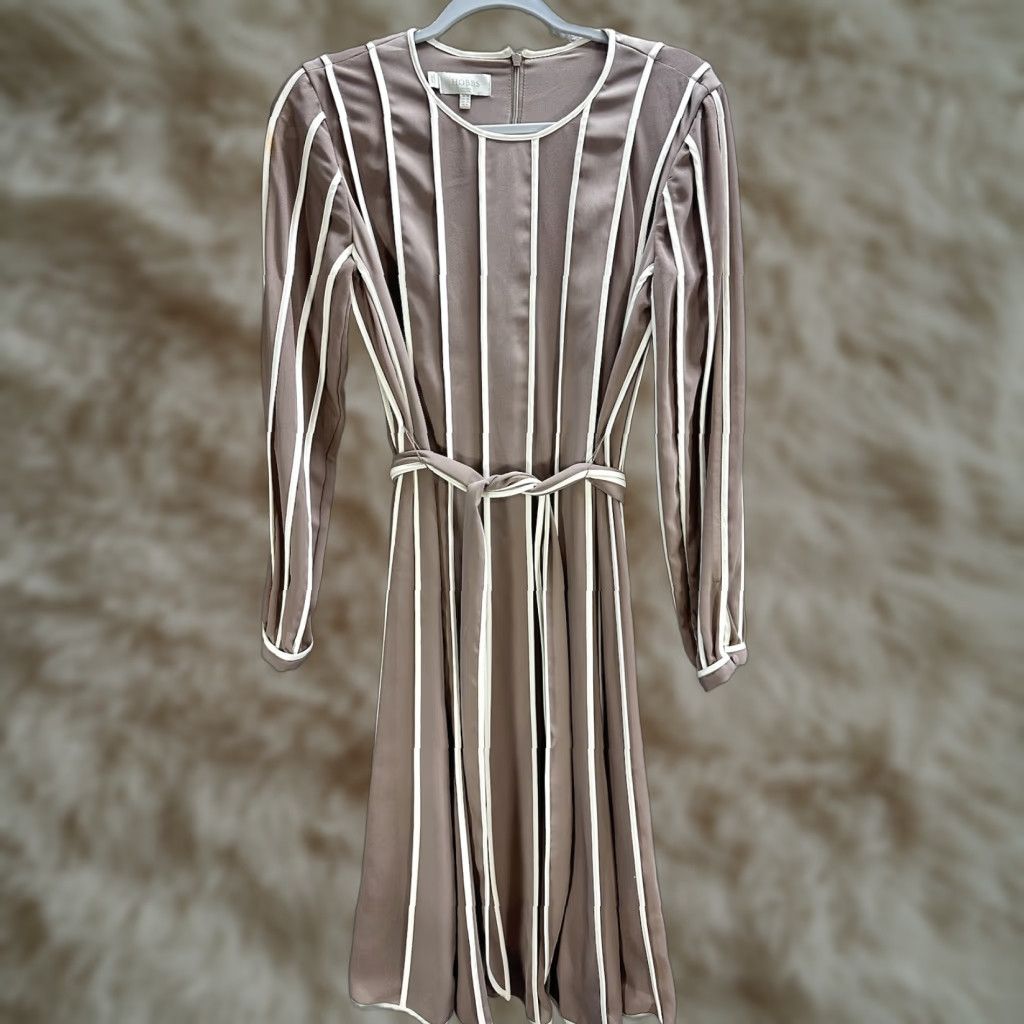Vintage Hobbs White Dark Beige Stripe Belted A-Line Dress Womens 6 UK 10 US 6 Long Sleeve Knee Length VINTAGE No Size M / US 6-8 / IT 42-44 - 1 Thumbnail