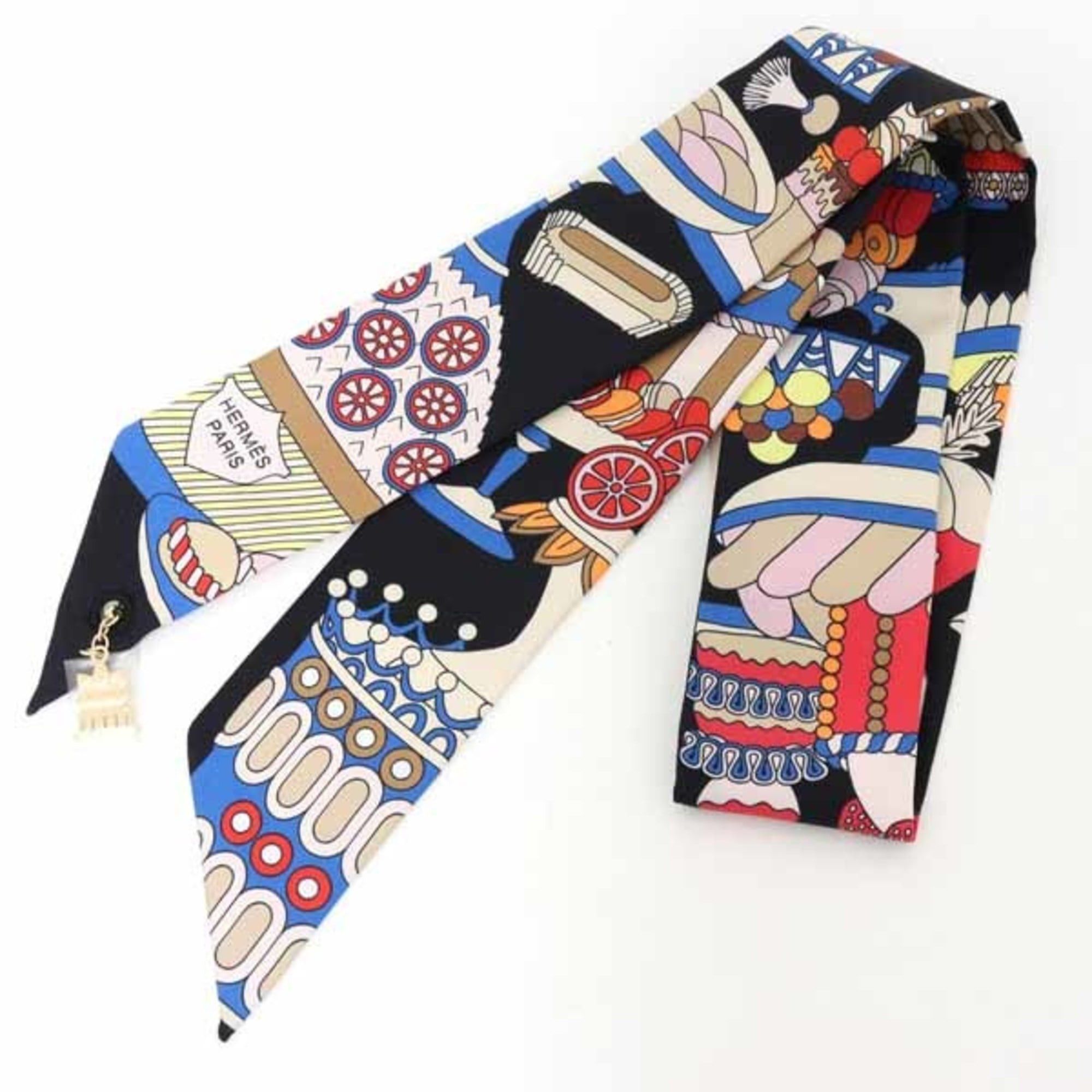 Hermes Hermes Twilly Charm La Patisserie Française Silk H854175S 02 Noir Blanc Bleu Size ONE SIZE - 1 Thumbnail