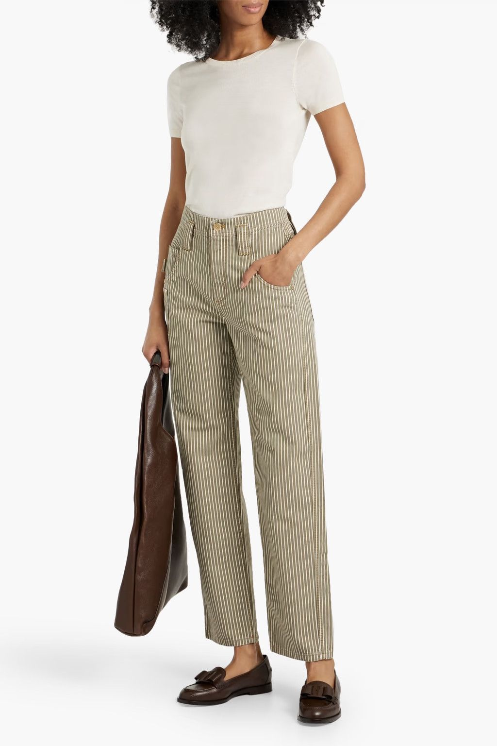 Brunello Cucinelli o1y0725 Striped Denim Pant in Military Green/White Size 25" / US 0 / IT 36 - 2 Thumbnail