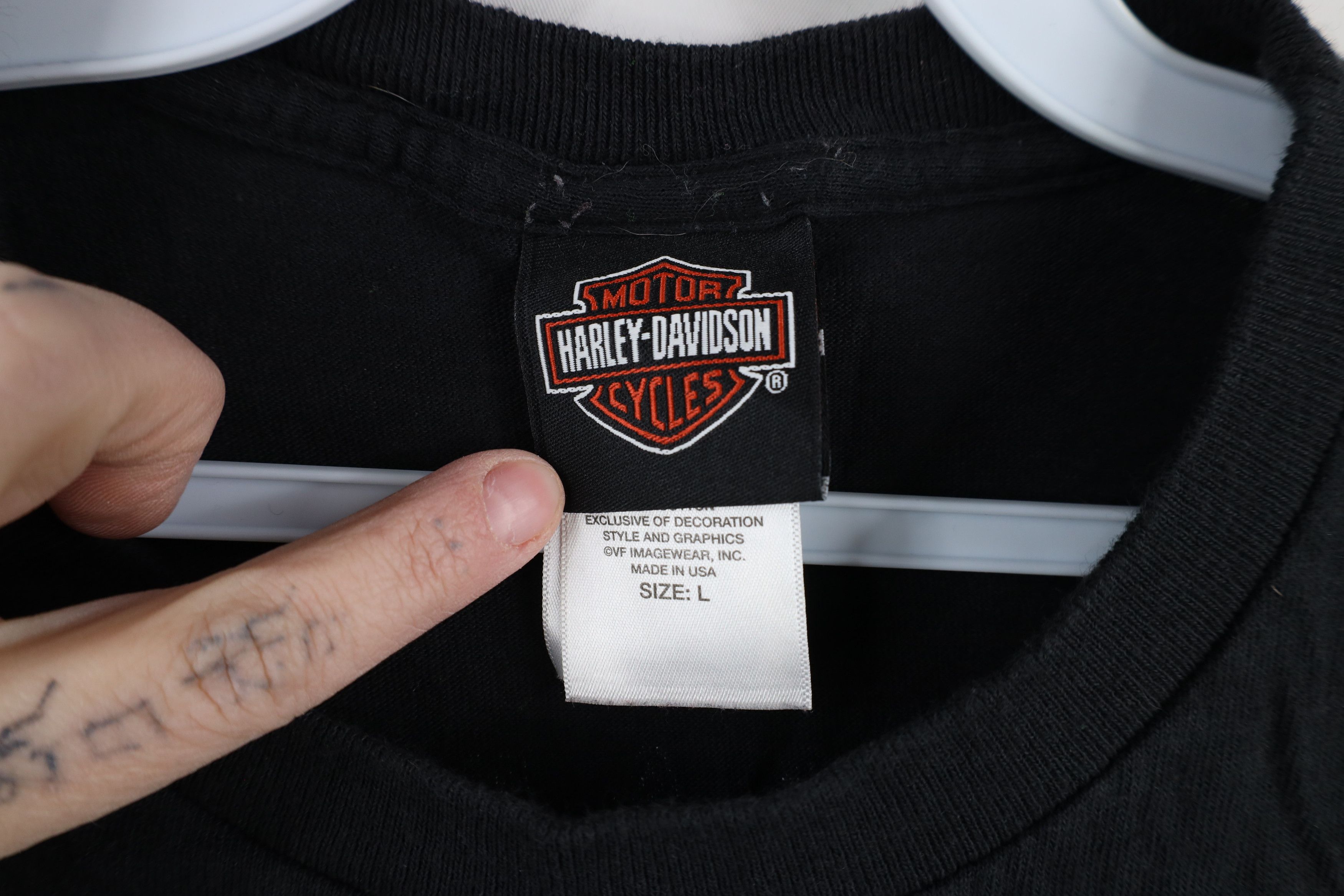Harley Davidson × Vintage Vintage Y2K Harley Davidson Spell Out Chalk T-Shirt Black Size US L / EU 52-54 / 3 - 7 Thumbnail