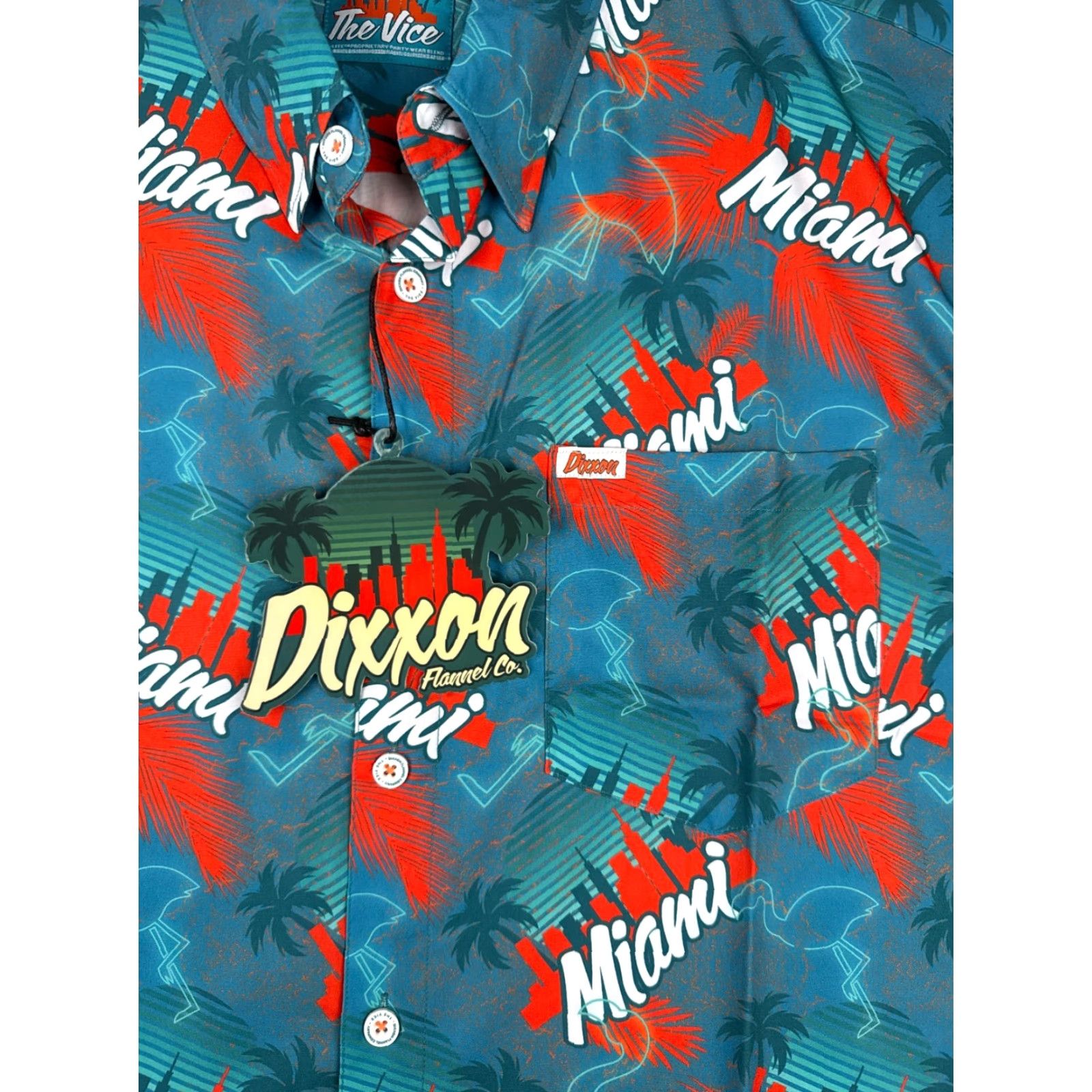 Vintage Dixxon Shirt Men 2XL XXL Red Blue Party Shirt The Vice Miami Flamingo Polyester Button-Up Floral Short Sleeve Hawaiian 90s Casual Mens Size US XXL / EU 58 / 5 - 6 Thumbnail