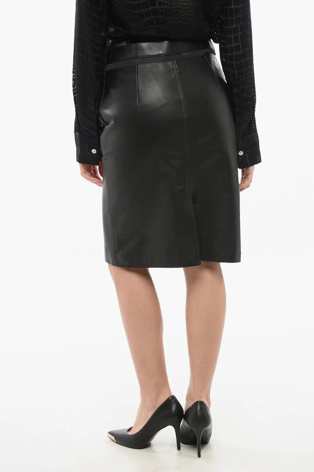 Fendi og1mm0326 Midi Leather Skirt in Black Size 28" / US 6 / IT 42 - 2 Thumbnail