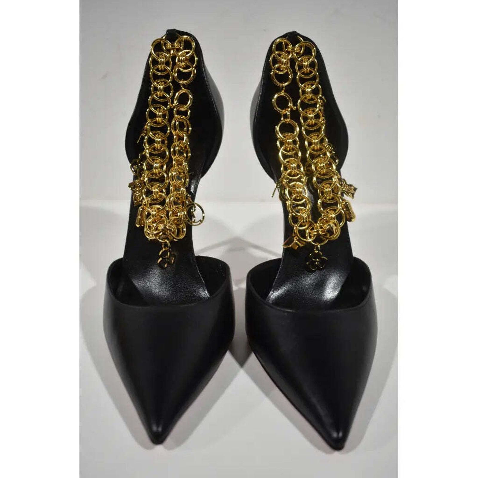 Christian Louboutin Gourmi Pump 100 Black Gold Charm Ankle Strap Pointed Heel 42 Size US 12 / IT 42 - 4 Thumbnail