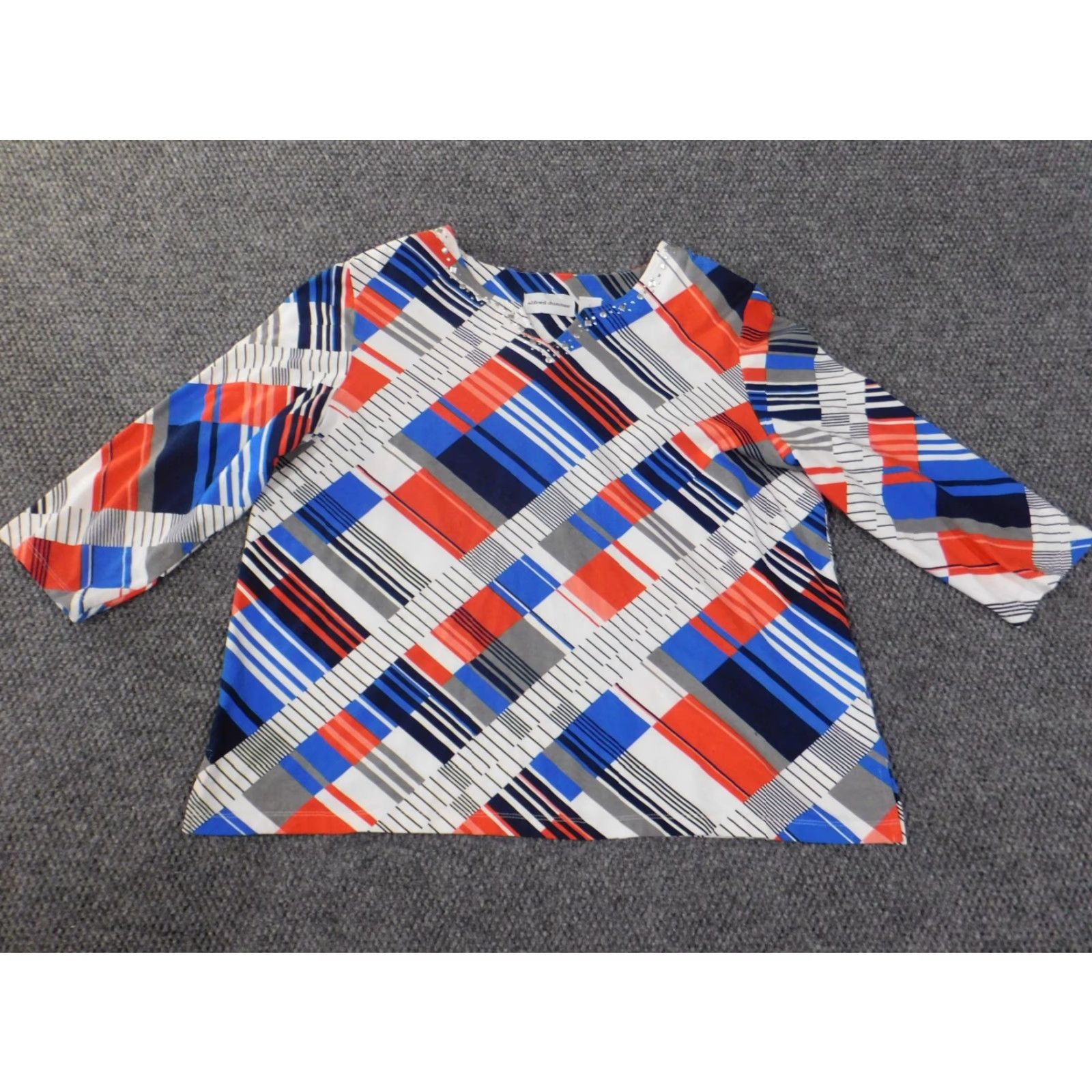 Vintage Alfred Dunner Geometric Blouse Shirt Womens L Blue Cotton Spandex Pullover Long Sleeve Round Neck Casual Stretch Regular Size L / US 10 / IT 46 - 2 Thumbnail