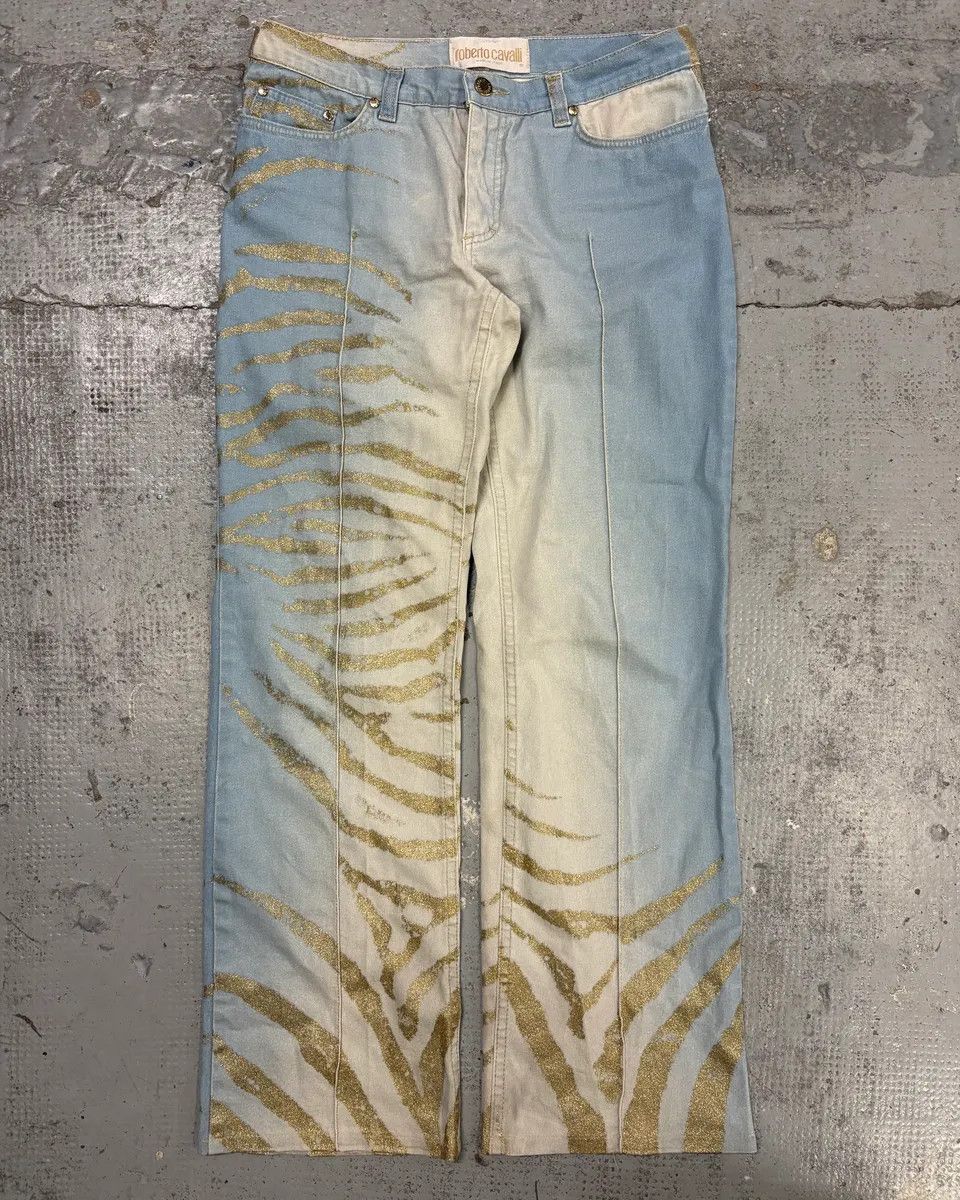 Roberto Cavalli 2000s Roberto Cavalli Light Blue Denim Gold Zebra Print Jeans Size 28" / US 6 / IT 42 - 1 Thumbnail