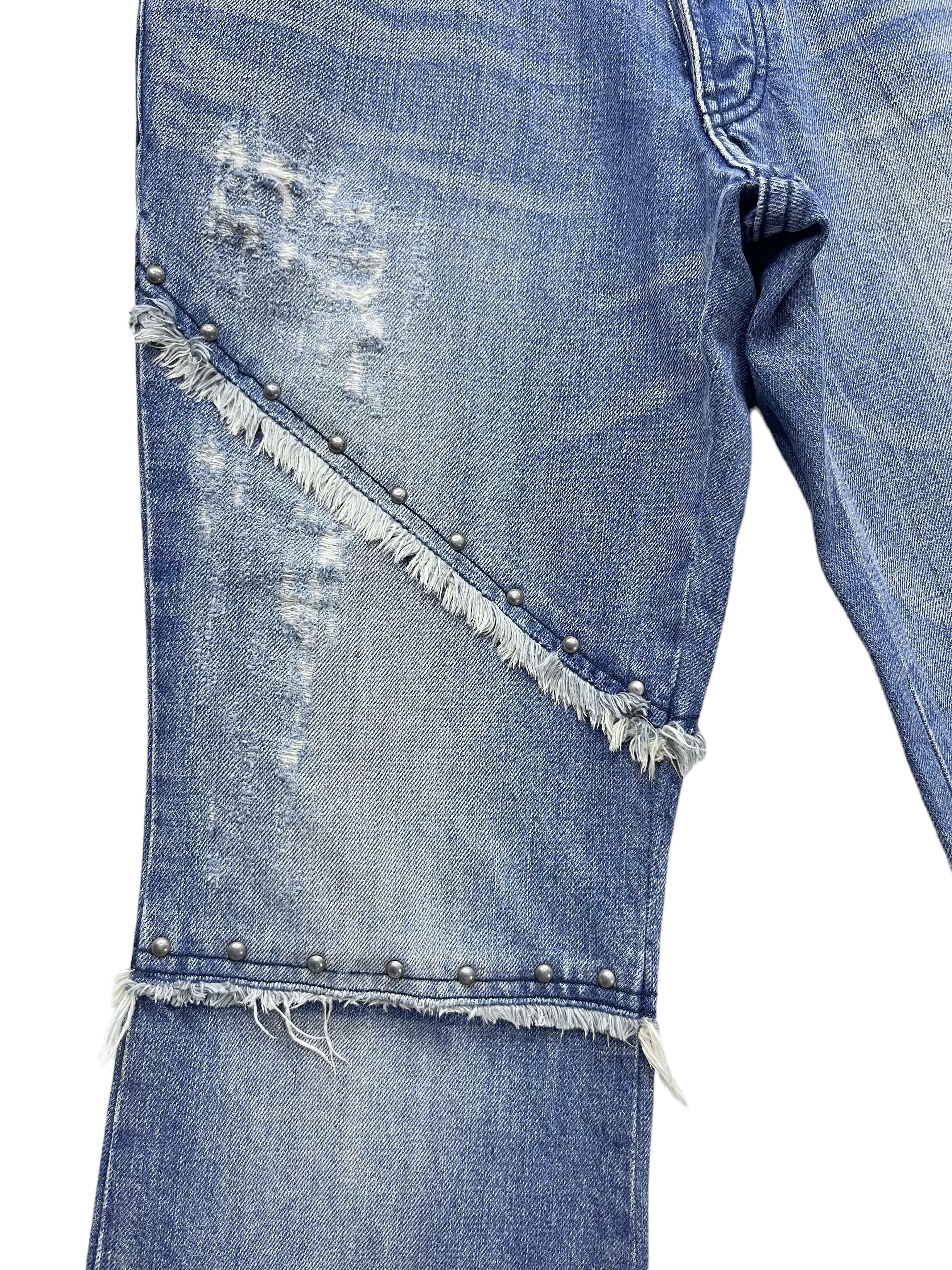 5351 POUR LES HOMMES 🔥Vtg 5351 HOMMES Distressed Frayed Spliced Studded Flare💥 Size US 31 - 11 Thumbnail