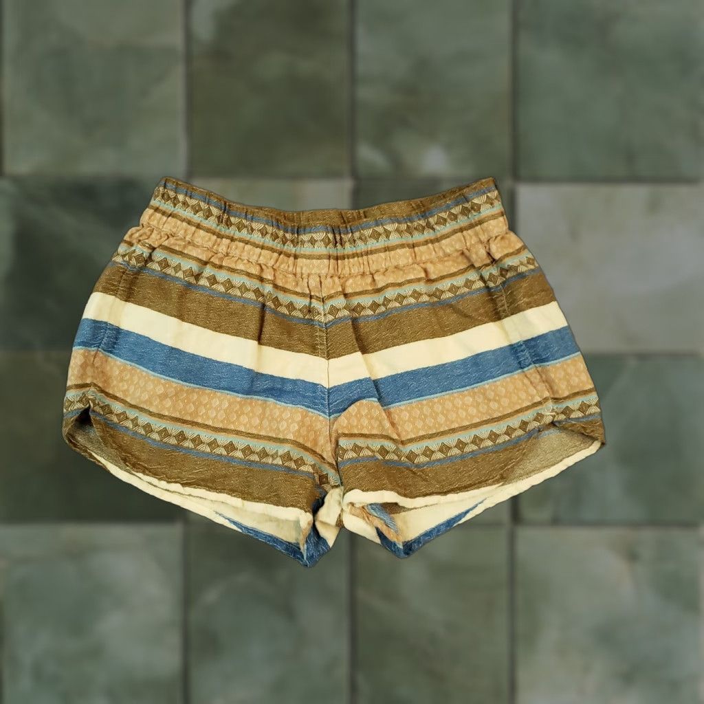 KAVU Knox Rose Women's Medium Brown Blue Striped Elastic Waist Paperbag Shorts Size 32" / US 10 / IT 46 - 1 Thumbnail