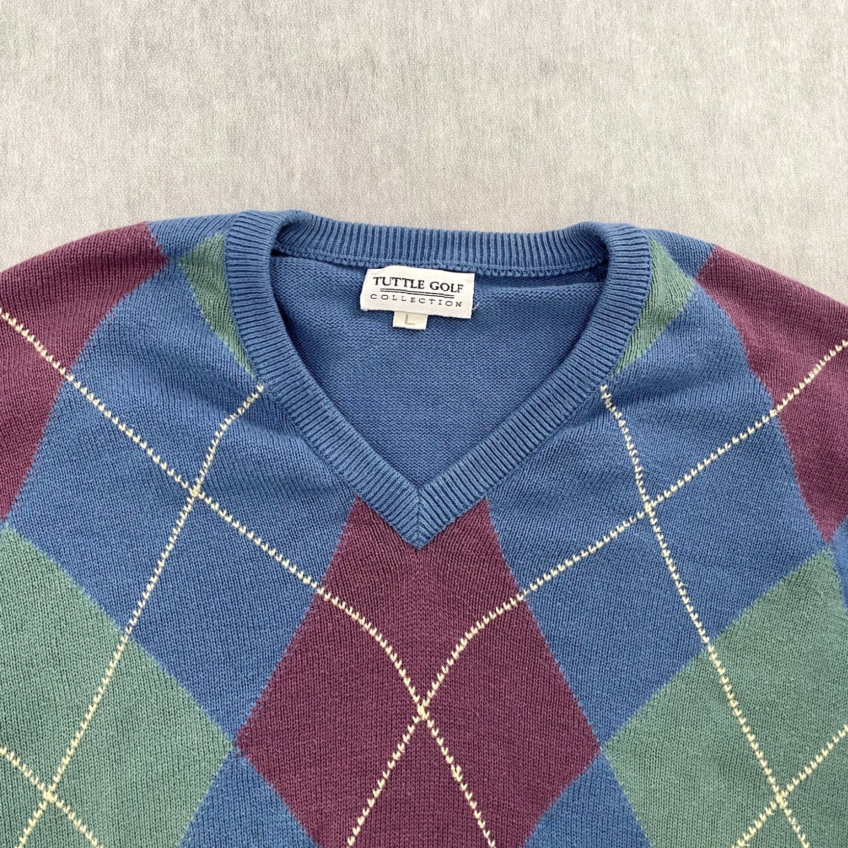 TUTTLE GOLF Sweater Adult Large Blue Argyle V-Neck Pullover Men L