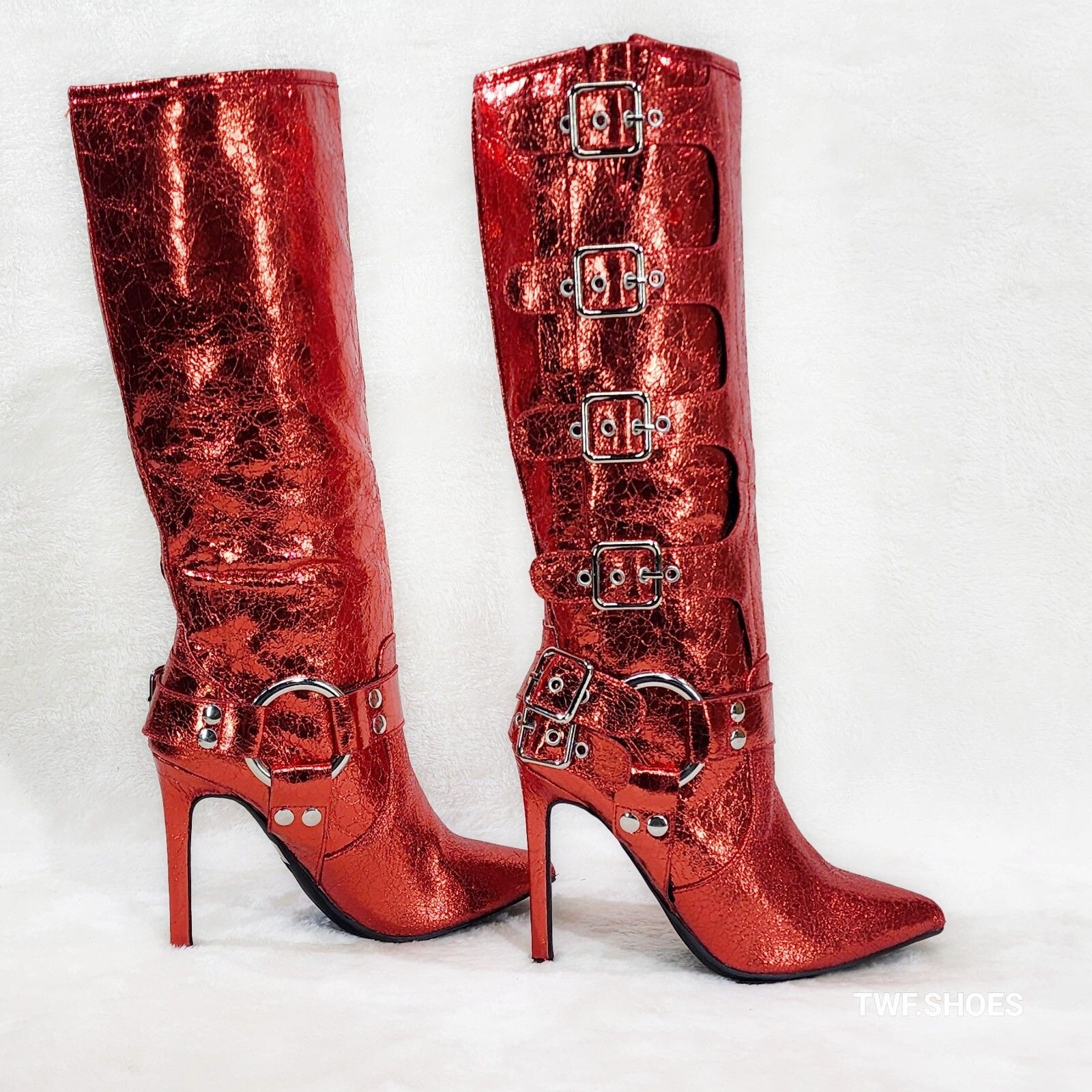 Other Look At Me Red Faux Leather High Heel Harness Knee Boots (US Size US 7 / IT 37 - 2 Thumbnail