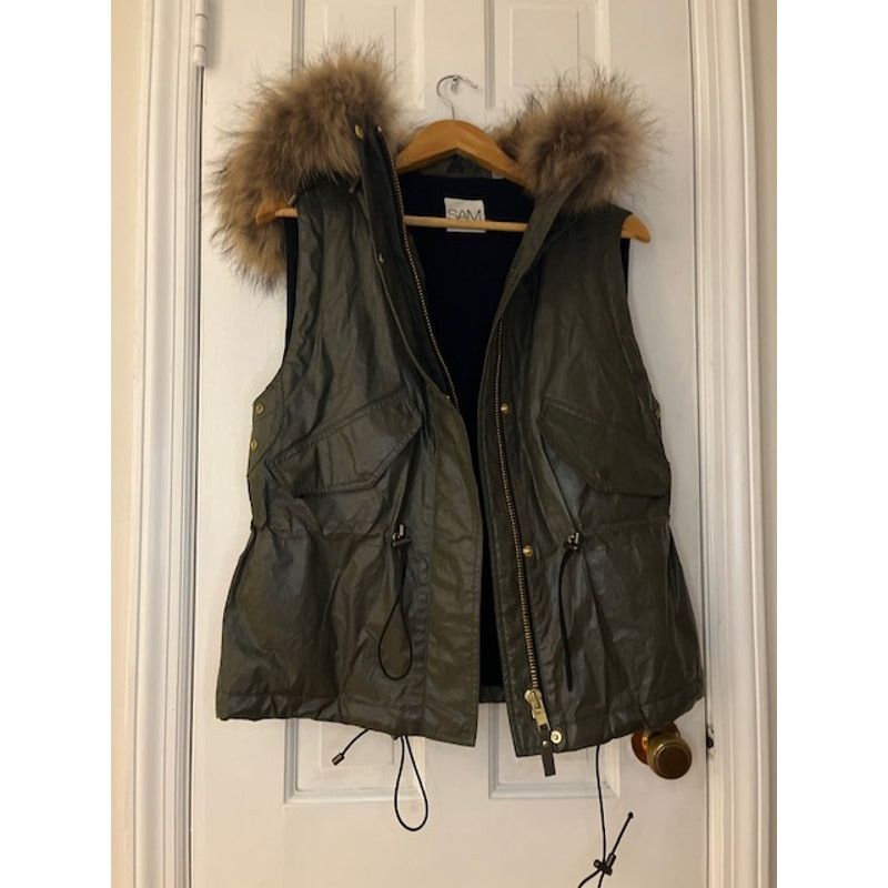 SAM. SAM NY Raccoon Fur Hood, Khaki Wax Vest Small Size S / US 4 / IT 40 - 3 Thumbnail