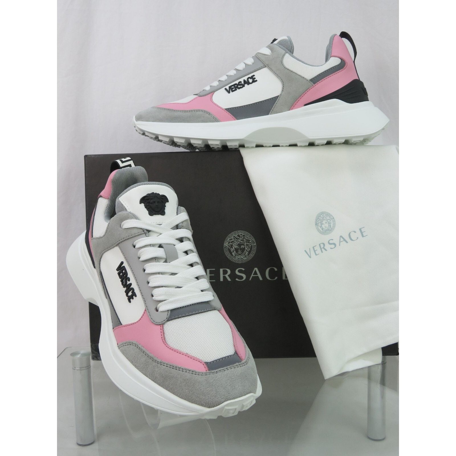 Versace VERSACE PINK WHITE LEATHER MEDUSA HEAD PLATFORM SNEAKERS 38 Size US 8 / IT 38 - 1 Thumbnail