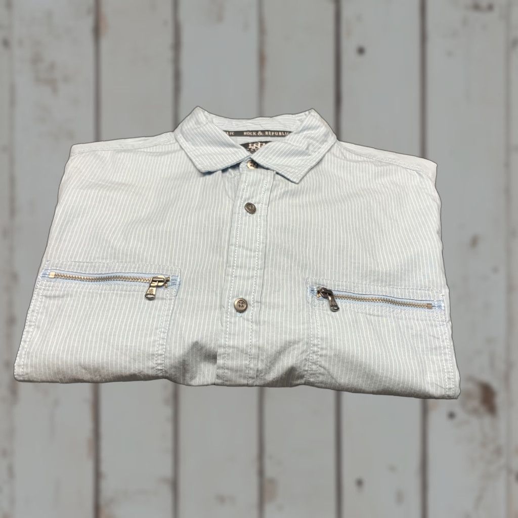 Vintage Rock & Republic Blue Striped Short Sleeve Button-Up Shirt Adult Large L Cotton Pockets Casual Mens Size US L / EU 52-54 / 3 - 1 Thumbnail