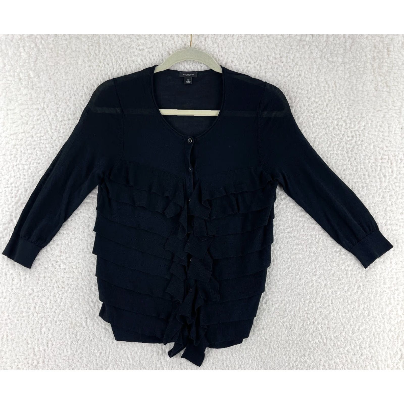 Ann Taylor Ann Taylor Cardigan Womens Medium Black Button Front Ruffle Lightweight Casual Size M / US 6-8 / IT 42-44 - 2 Thumbnail