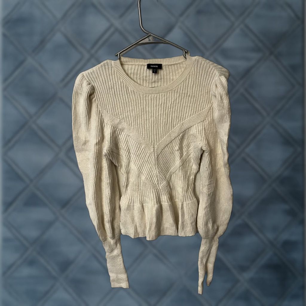 Express EXPRESS Ribbed Crew Neck Puff Sleeve Peplum Sweater -SWAN - Size XS Cream Women Sweater Puff Sleeve XS Cream Express Cardigan Vintage? Size XS / US 0-2 / IT 36-38 - 1 Thumbnail
