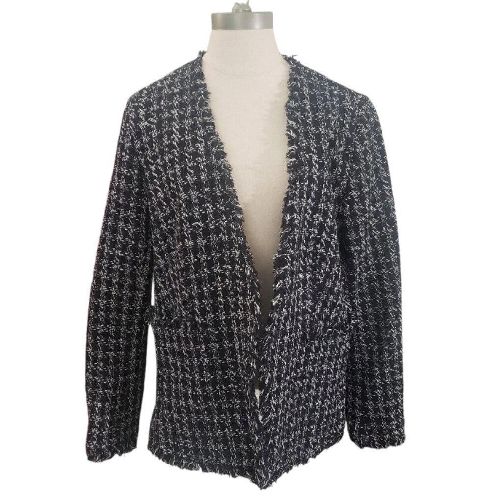 Designer CT1975 Halogen Black & White Checkered Tweed Frilled Jacket Size XL / US 12-14 / IT 48-50 - 1 Thumbnail