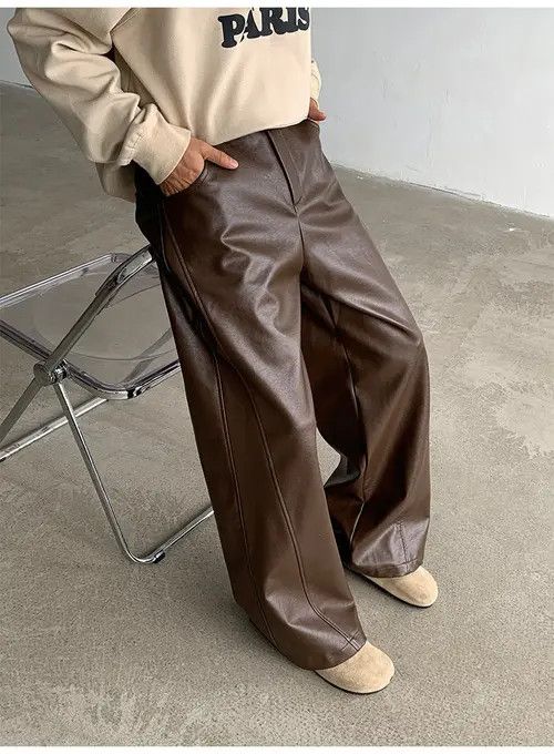 VIBE Faux Leather Brown Flare Pants Size US 32 / EU 48 - 2 Thumbnail