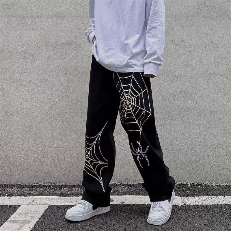 Designer × Jean Spider Web Print Straight Loose Gothic Pants Size US 31 - 4 Thumbnail