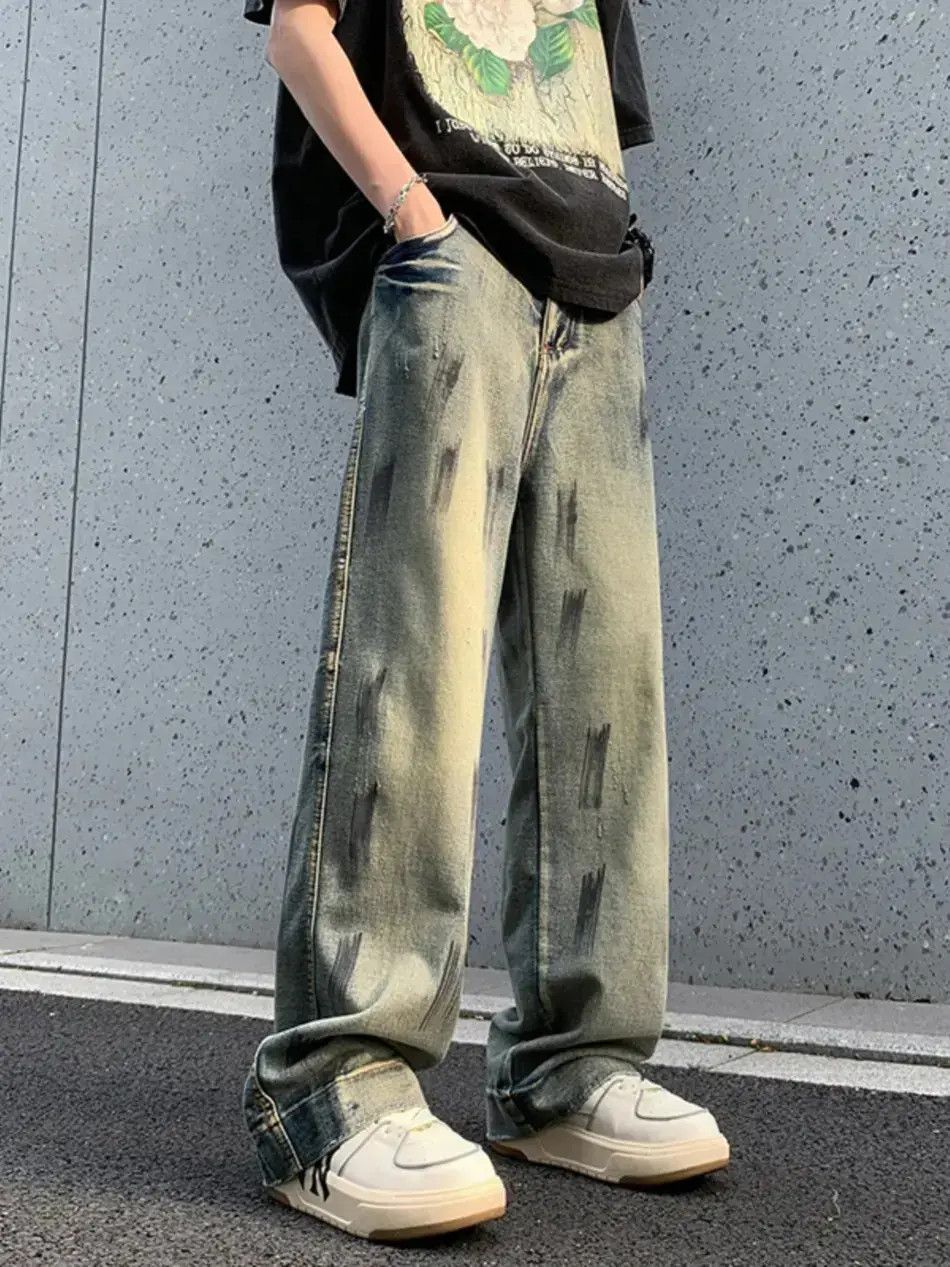 Japanese Brand Loose washed straight leg splashed ink jeans Size US 32 / EU 48 - 6 Thumbnail