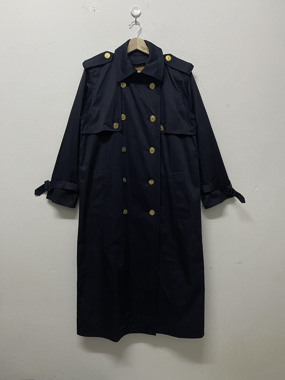 1990s YSL NAVY BLUE GOLD LOGO BUTTON TRENCH COAT